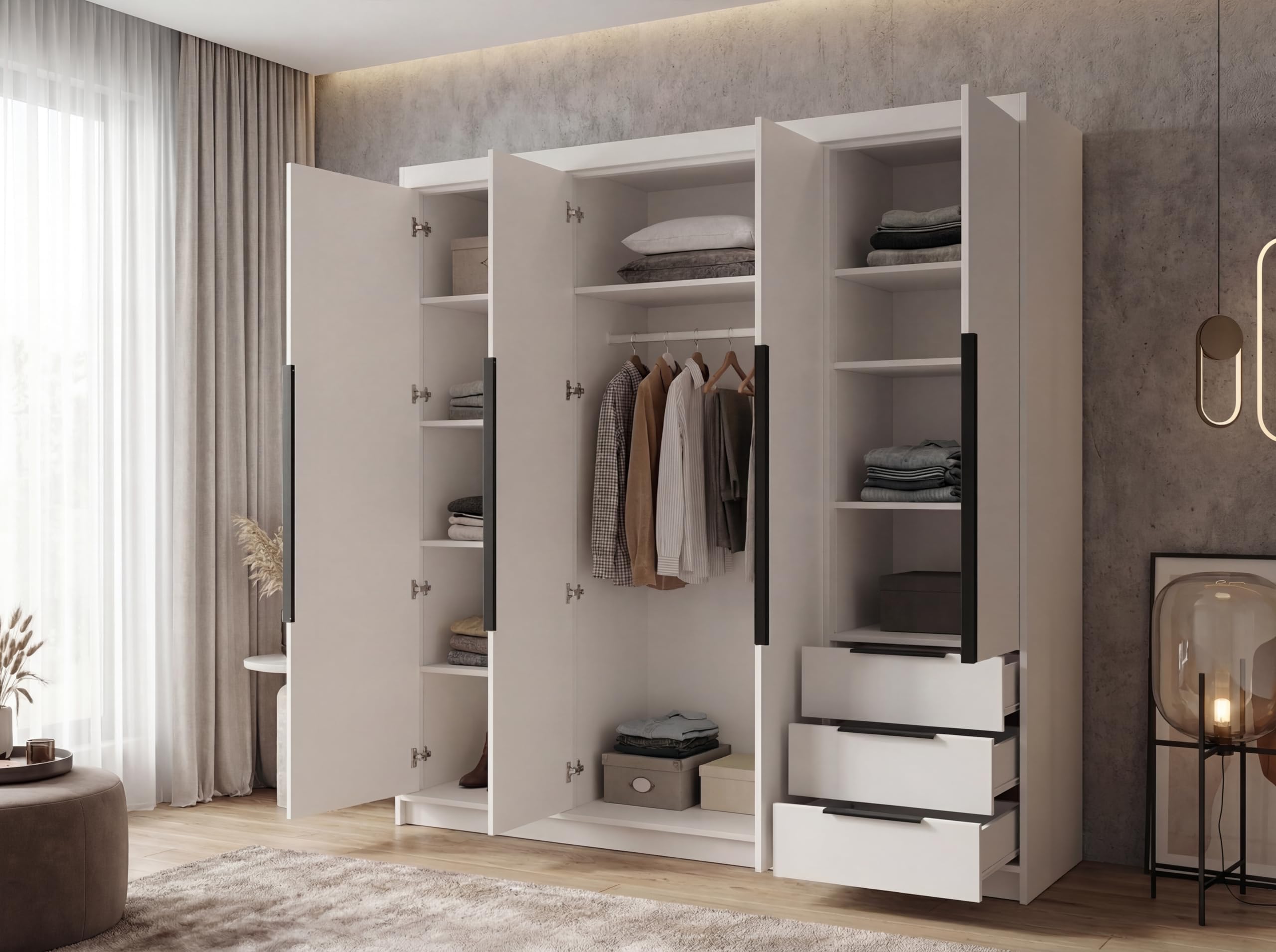 A&J MöbelLand KLARI Kleiderschrank 4-türig mit 3 Schubladen – 200 x 215 cm – Drehtürenschrank mit Kleiderstange und Einlegeböden