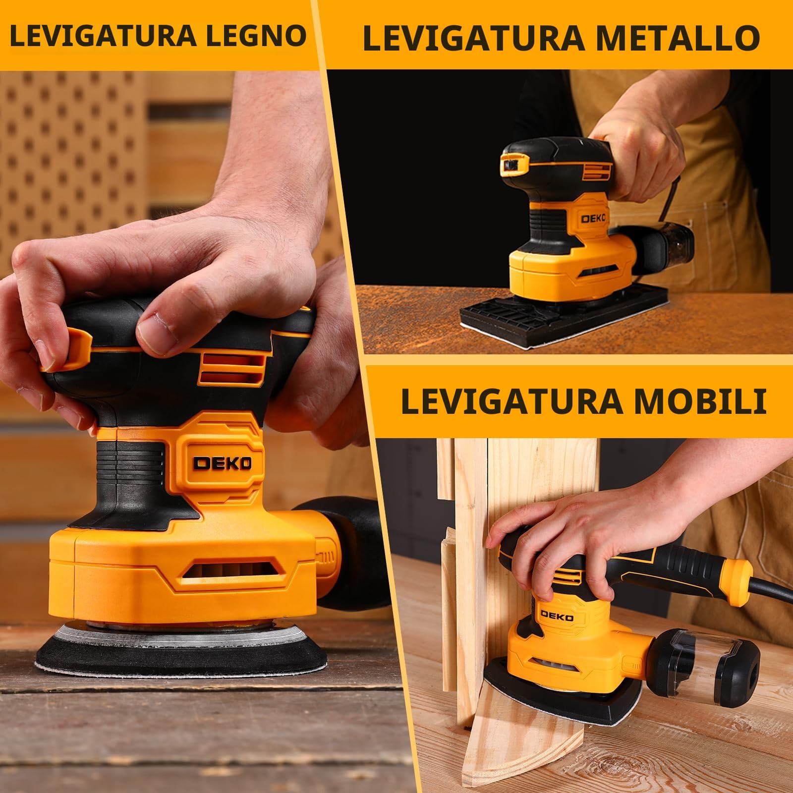 DEKOPRO 3-IN-1 Levigatrice Orbitale: Levigatrice Multifunzione 300W 13000RPM, con 15 fogli di carta vetrata, 6 velocità e accessori per il lavoro del legno
