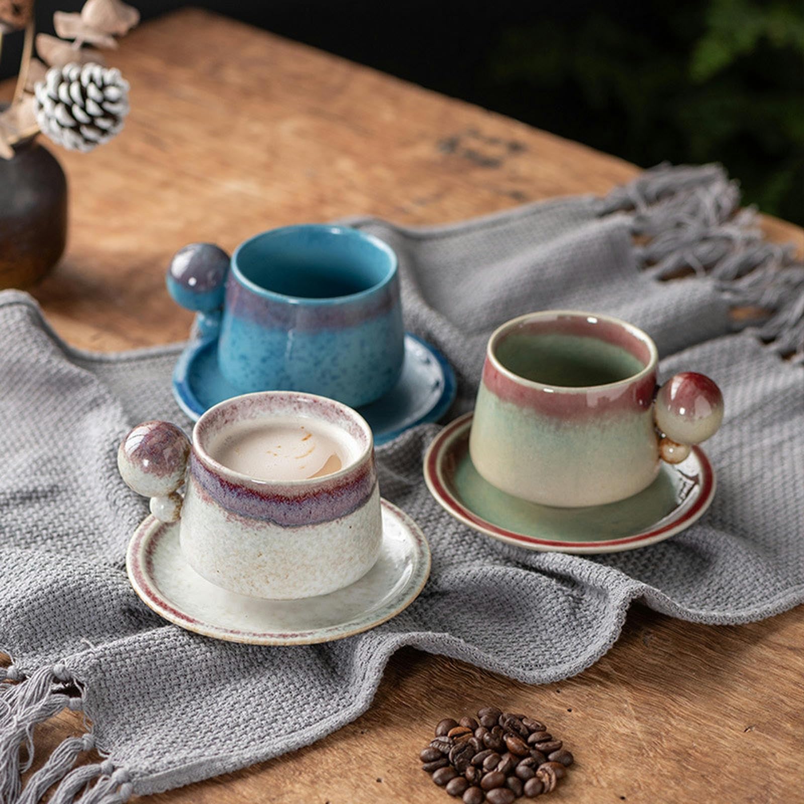 Amazon.com | 200ml/7oz Ball Handle Ceramic Coffee Cup And Dish Set Vintage  Kiln Transformation Afternoon Tea Mug for office home-Kiln browning:  Espresso Cups