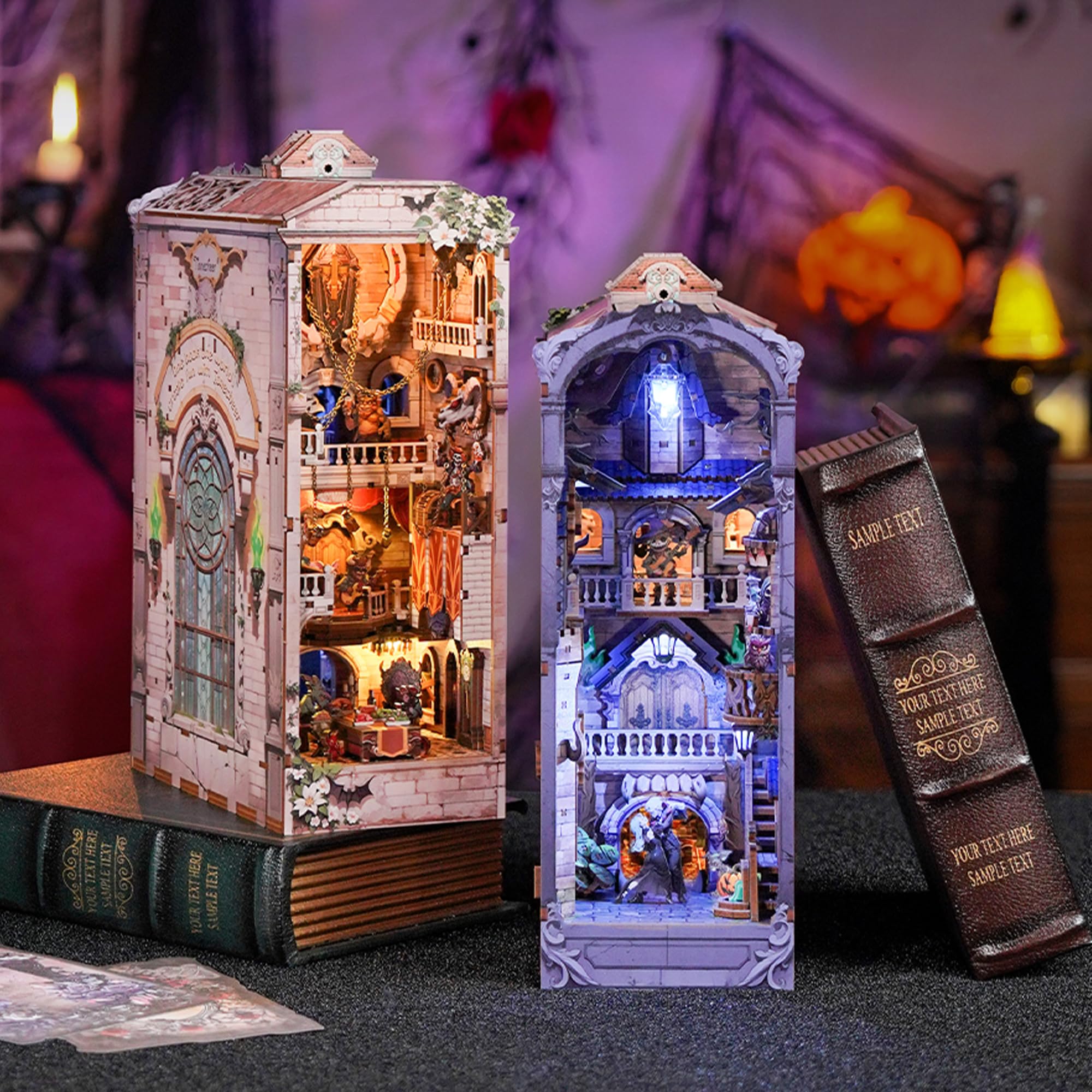 Tonecheer Book Nook Kit 3D, drewniane puzzle DIY, model dla dorosłych, miniaturowy dom ze światłem, uroczy prezent (karnawał potwora)