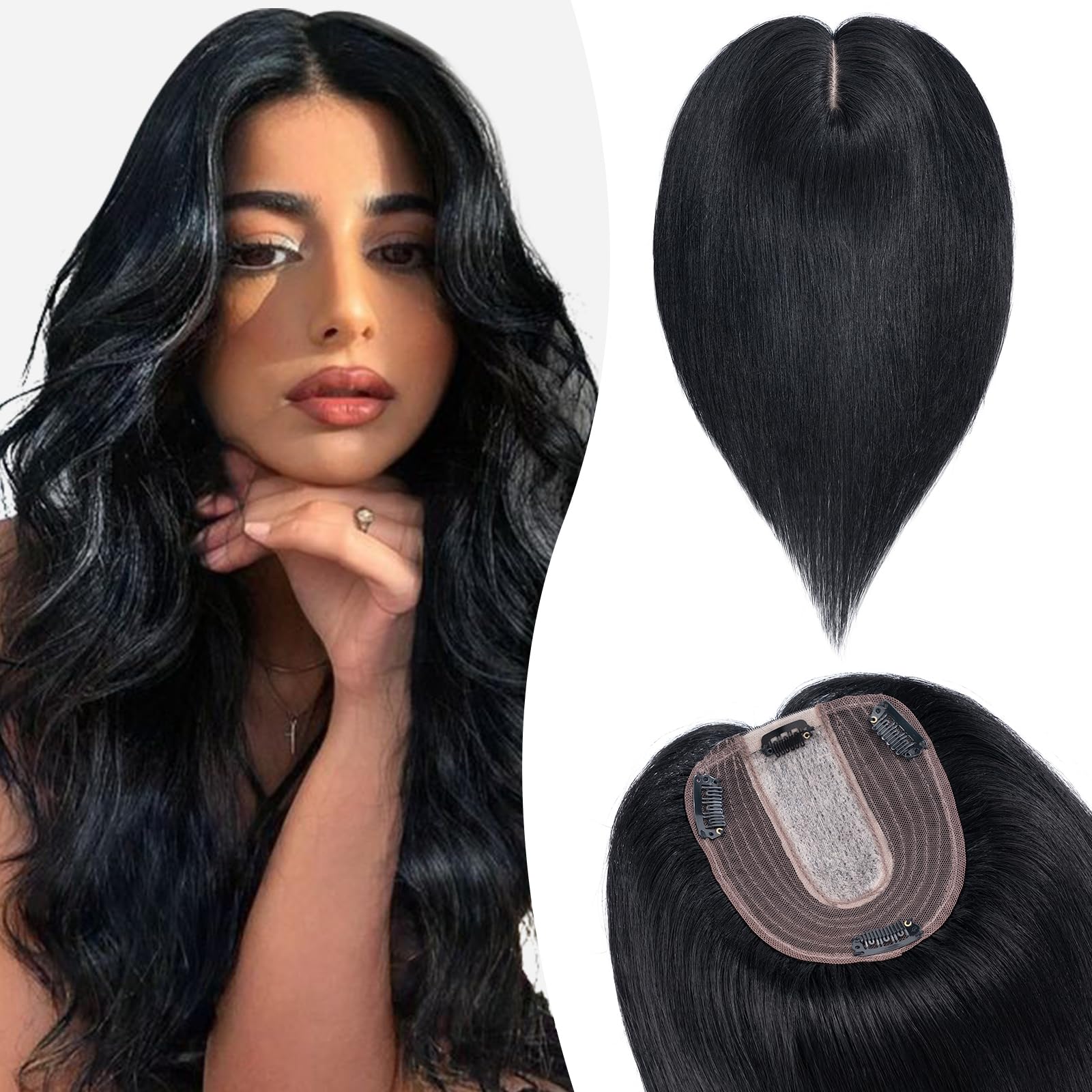 35 cm (45 g) Extensiones de Clip de Pelo Natural Prótesis Capilar Mujer Encaje 10cm*12cm 100% Remy Cabello Humano Flequillo Postizo Hair Topper #1 Negro Intenso