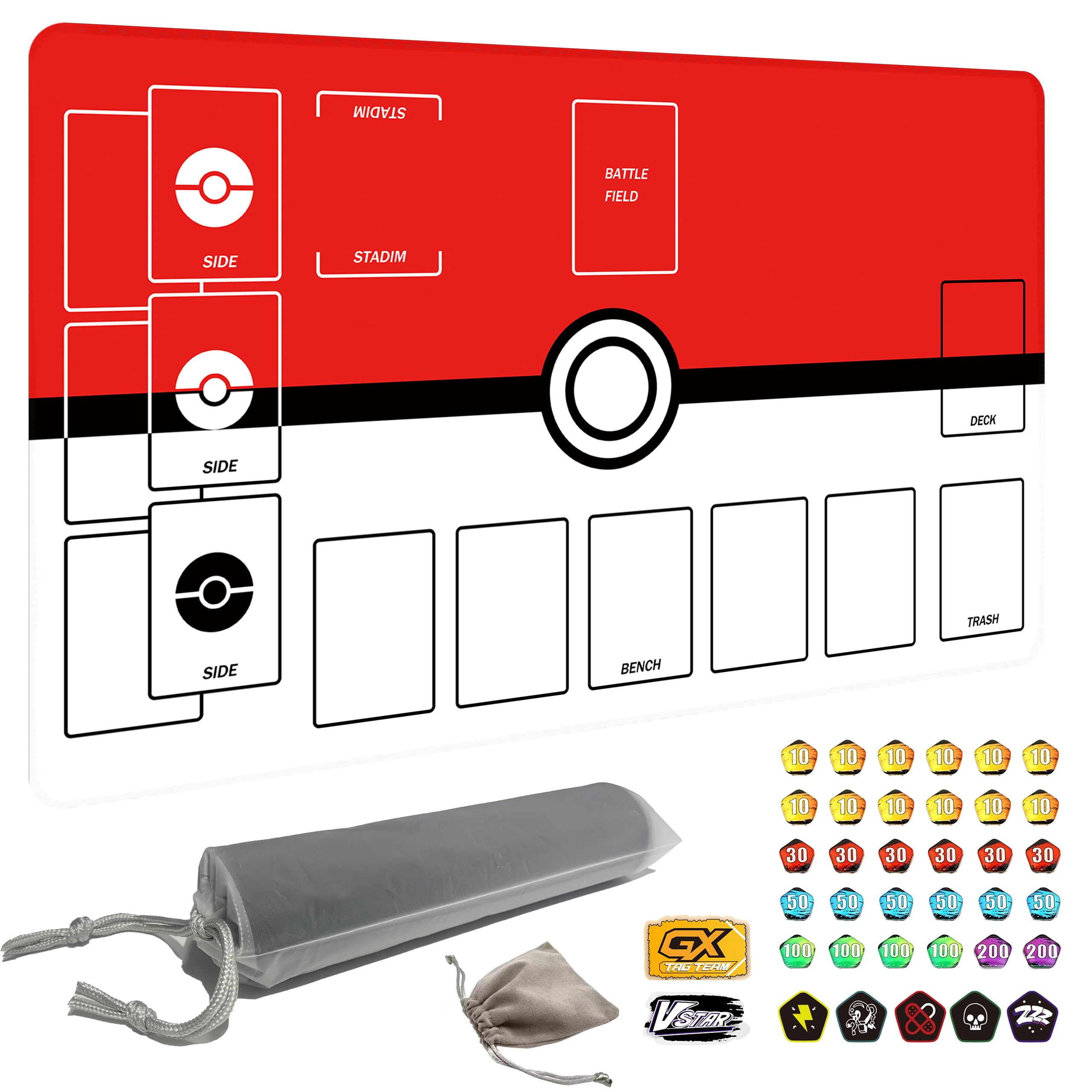 Extalas Playmat for Trading Card Game with 37 Damage Counters,Single Player Trainer Mat and Professional Storage Bag(Classic)