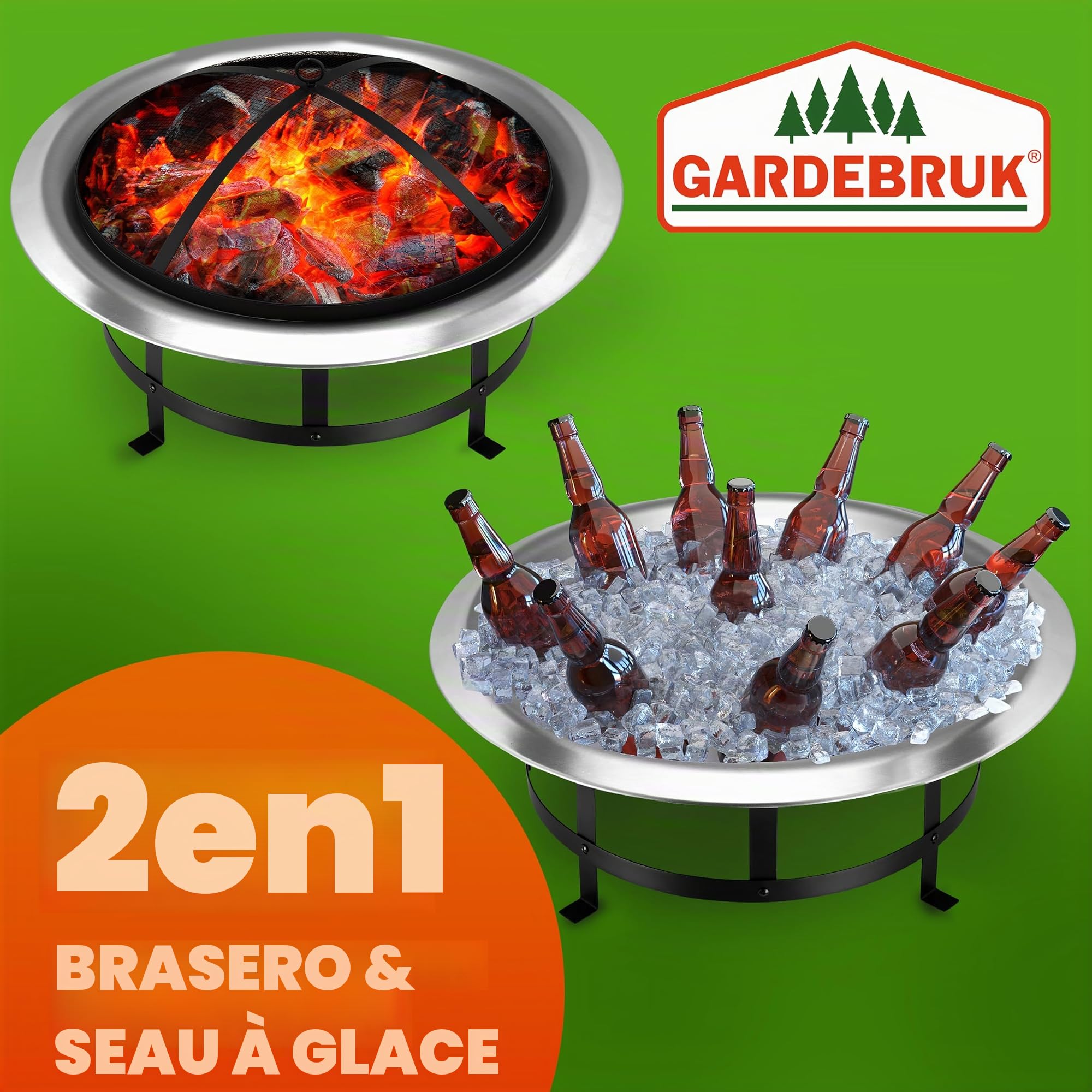 GARDEBRUK® Brasero de Jardin Rond 75 cm Acier Inoxydable avec Couvercle extérieur Jardin Grille Projections d'étincelles