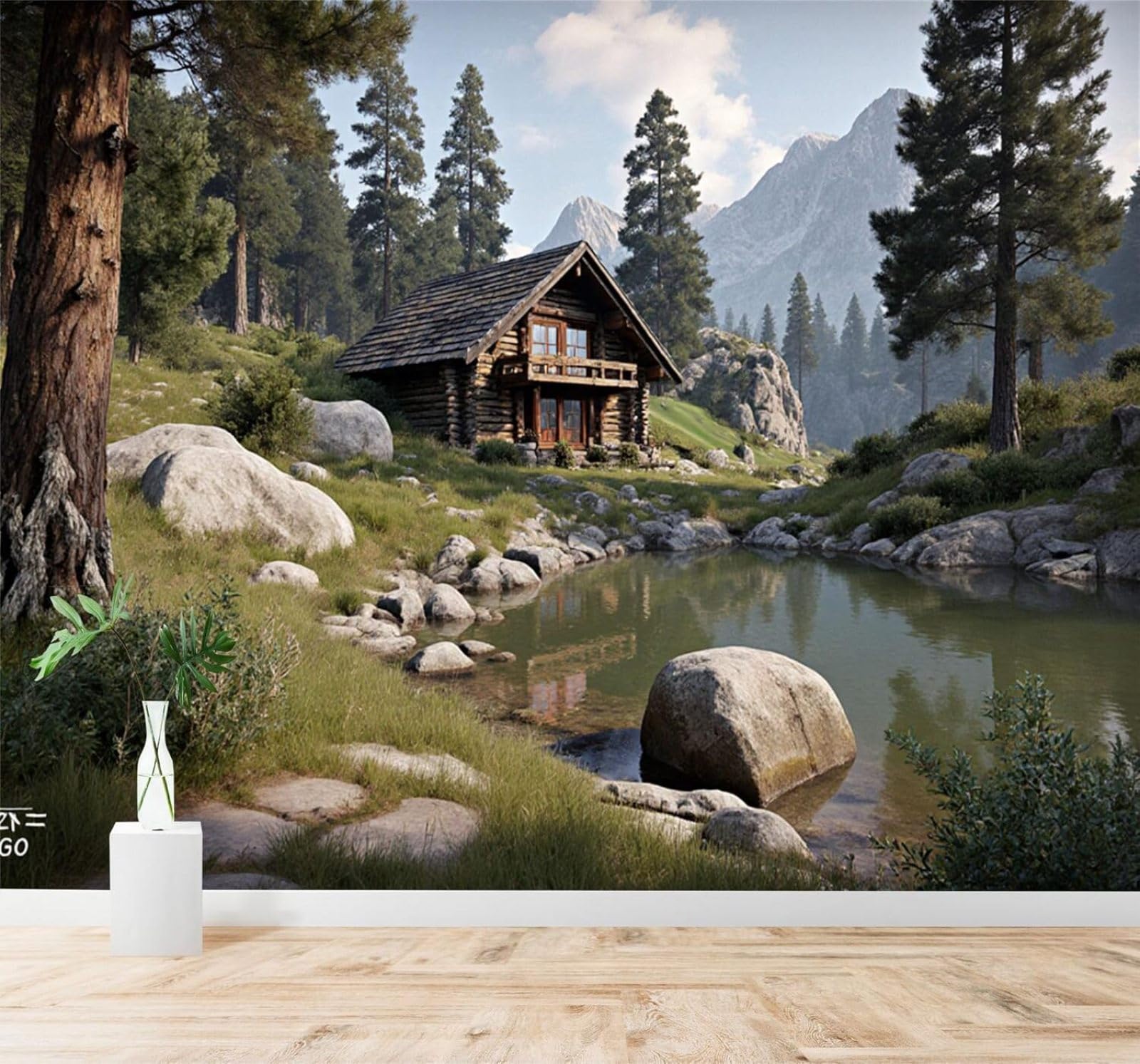 XLMING Mountains Lakes Cosy Log Cabin Pine Trees Rocks 3D Wallpaper Premium Textured Silk Study Dining Living Room Bedroom Sofa TV Wall Easy Install-200cm×140cm