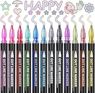 Double Line Outline Pens, DLUCKY 12 Colors Self-Outline Metallic Markers Glitter Writing Drawing Pens Stationery for Gift ...