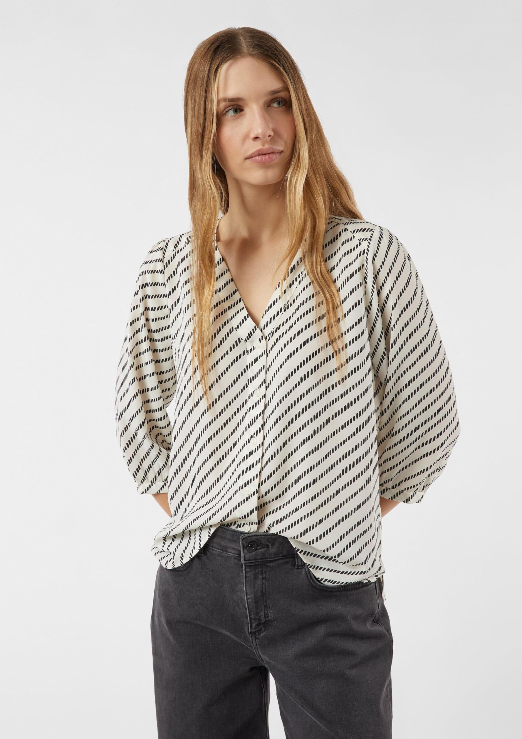 Comma Gemusterte Chiffon-Bluse mit 3/4-Ärmeln und Raffung