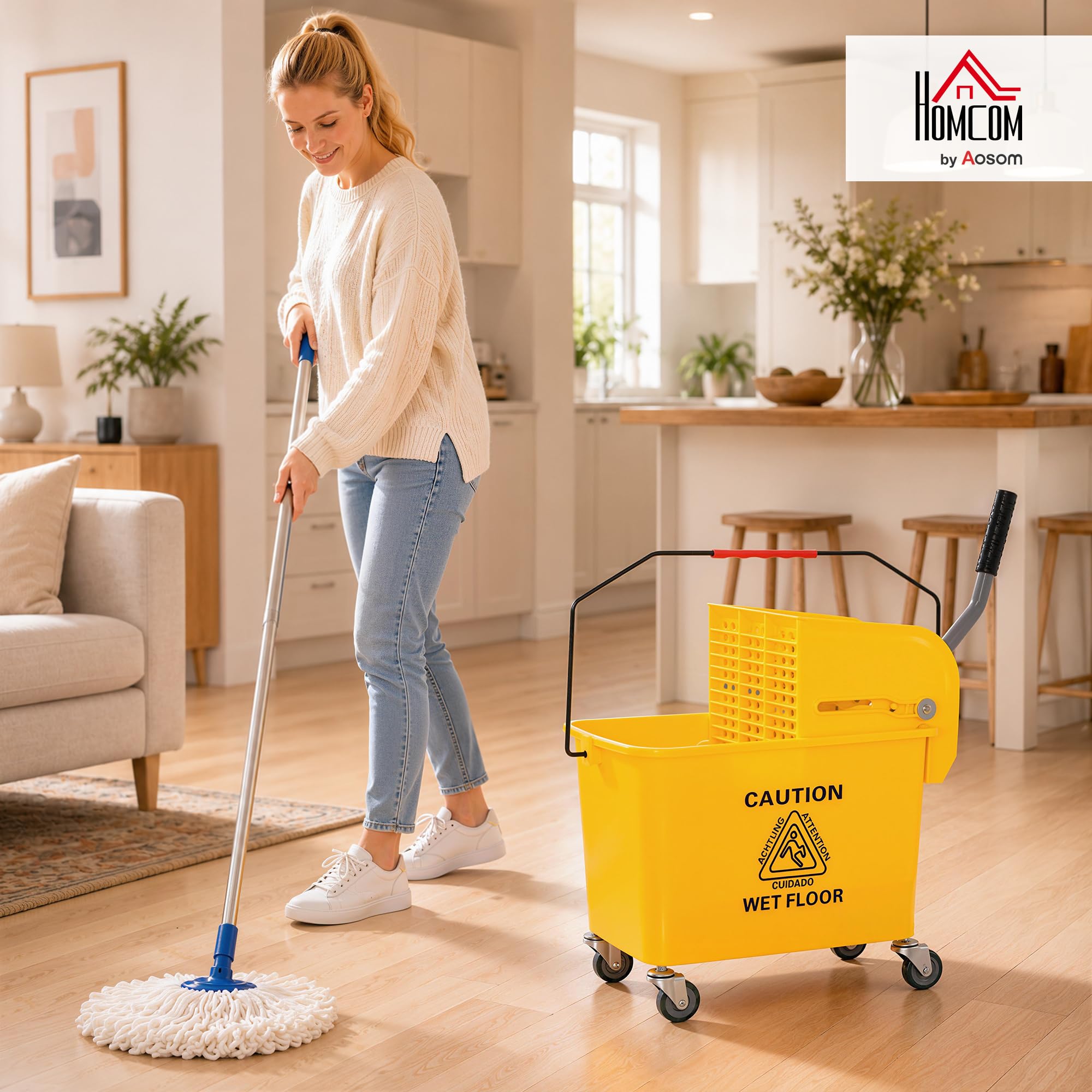 HOMCOM Chariot de Nettoyage Lavage Seau de ménage 20 L avec essoreur et séparateur Eau Sale Propre Jaune 60L x 27l x 70,5H cm