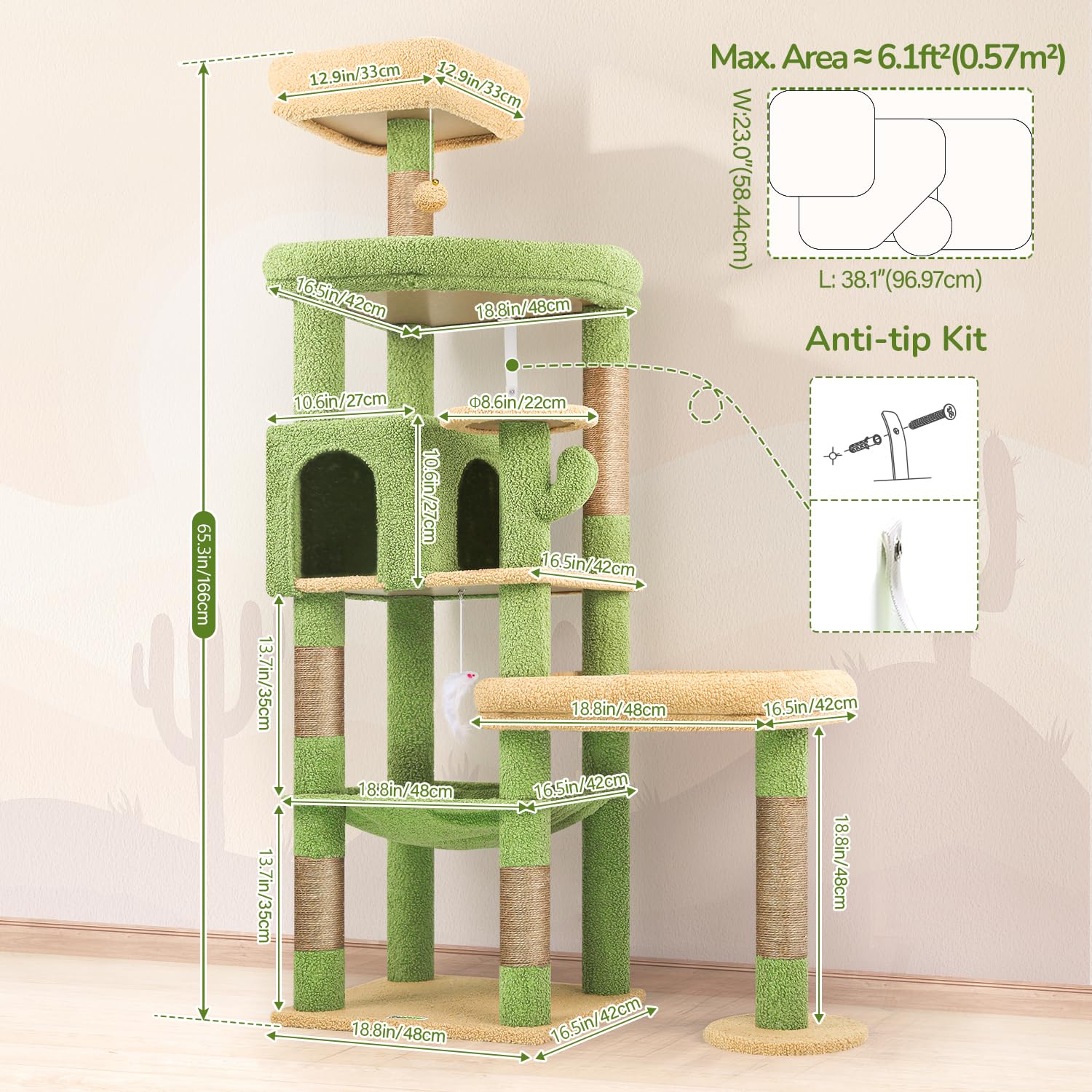 Globlazer Tiragraffi Cactus Verde per Gatti Grandi Alto 165cm con 2 Grandi Imbottiti Piattaforma 48*42CM, Extralarge Amaca, Grotte, Trespoli, Albero Torre Stabile con Supporto per Gatto (S65, Verde)
