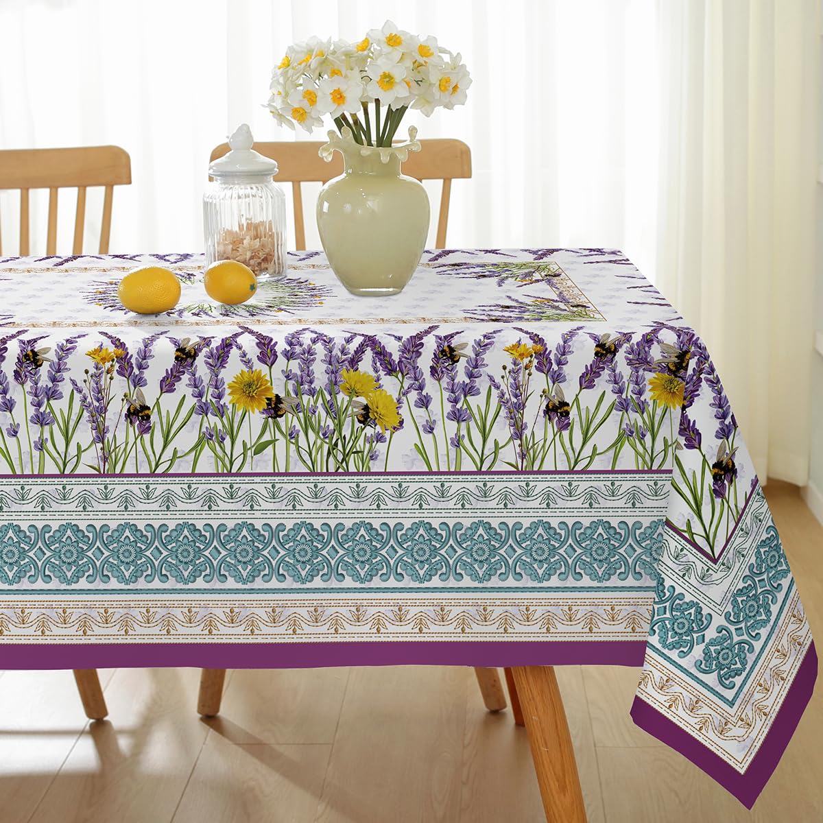 Spring Summer Lavender Tablecloth Rectangle 60 x 84 Inch Spill Proof Stain Resistant Boho Floral Table Cloth, Vintage French Fabric Table Cover for Dining, Party, Patio, Indoor, Outdoor, Purple — image 1
