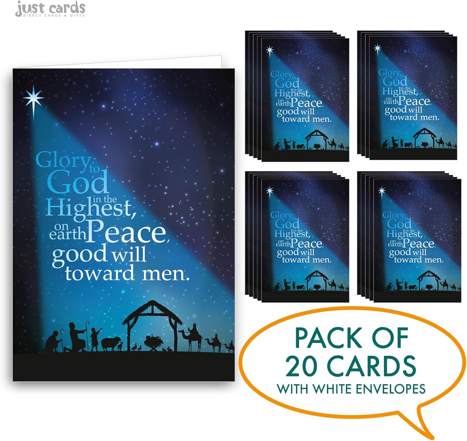 Religious Christmas cards - Starlight, pack of 20, 5x7in, printed in England, with Bible verse. Christian Christmas cards with envelopes bulk, by Just Cards Direct - Image 3