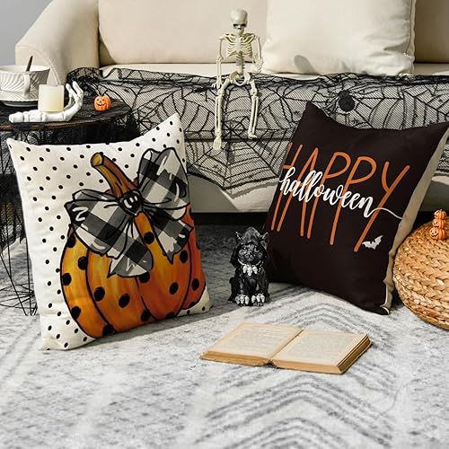 Miniatura 3 de AVOIN colorlife Happy Halloween - Juego de 4 fundas de almohada de 18 x 18 pulgadas, con diseño de fantasmas, diseño de murciélagos y calabaza, para