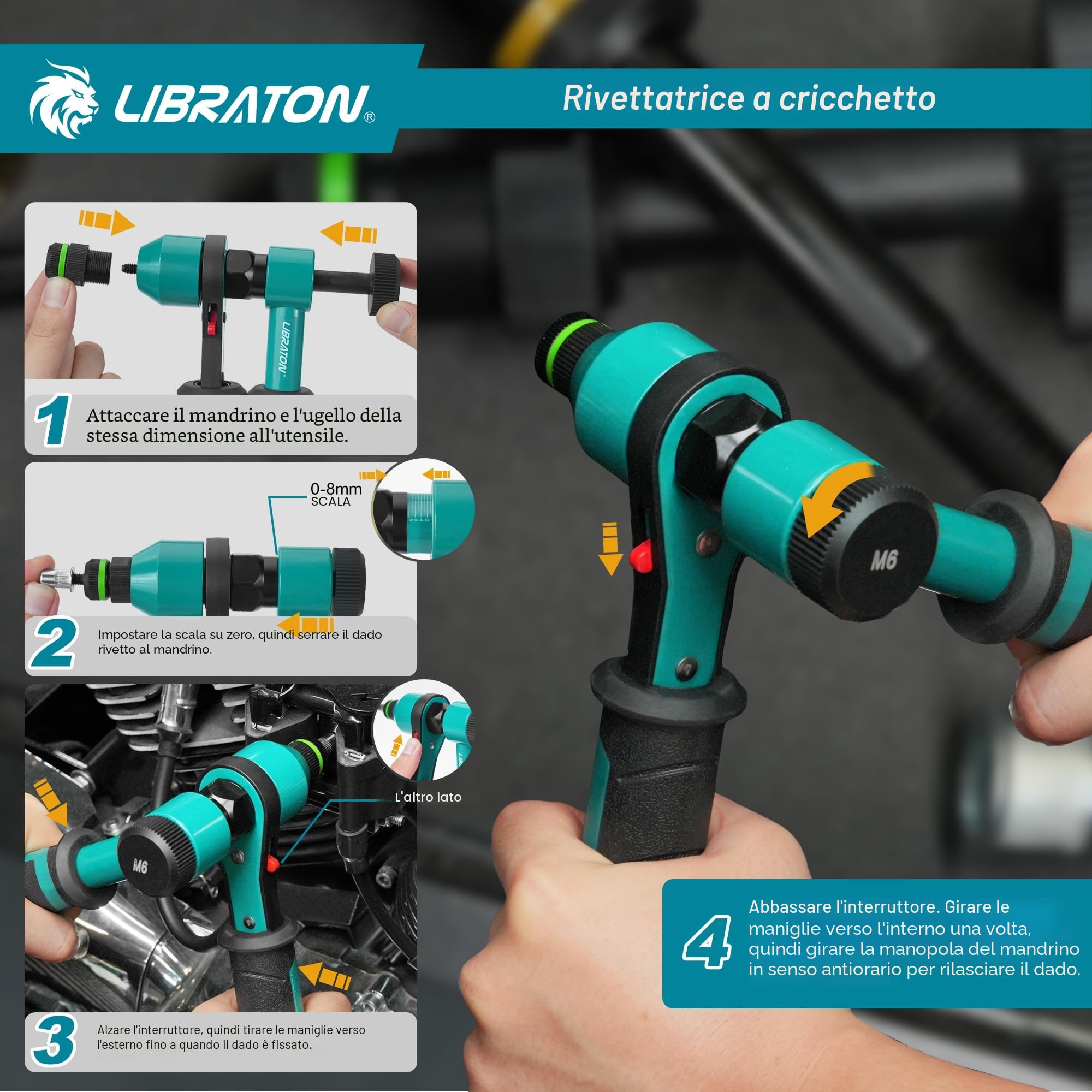 LIBRATON Rivettatrice per Inserti Filettati, Rivettatrice Manuale Inserti Filettati, Rivettatrice Filettati a Cricchetto, Filetti Pinza con 5 Mandrini Metrici, 5 Ugelli, 50 Rivetti Dadi, Scatola