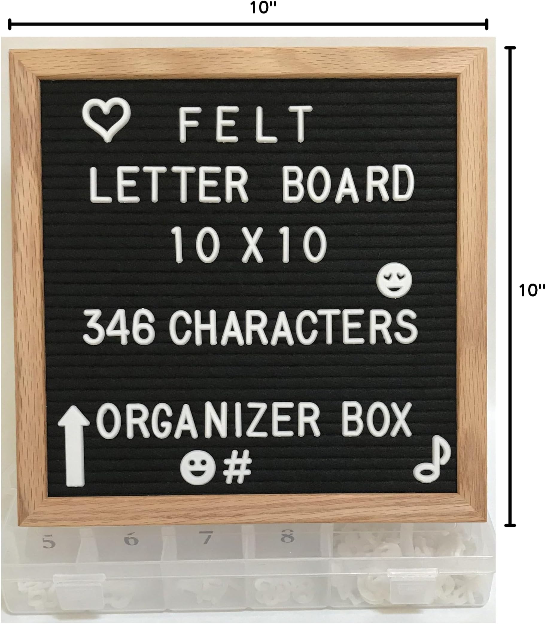 Felt Letter Board Set - Black - 10x10 Oak Wood Frame - Includes 346 3/4 inch White Letters with Organizer - Changeable Messages Great for Kids or Business