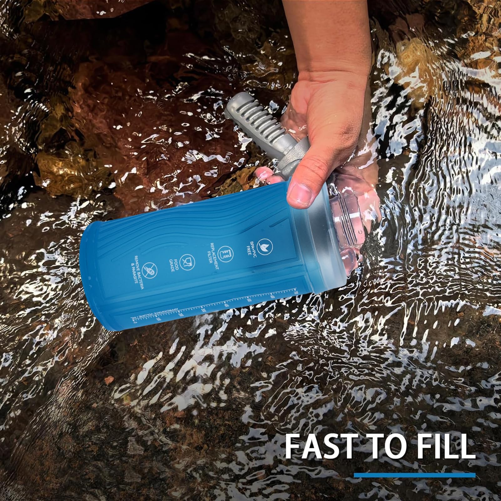 Sistema de filtro de agua plegable para botella exprimible – Estructura de TPU de 700 ml para incorpora una membrana de filtro y fibra de carbono activada para correr, senderismo, viajes