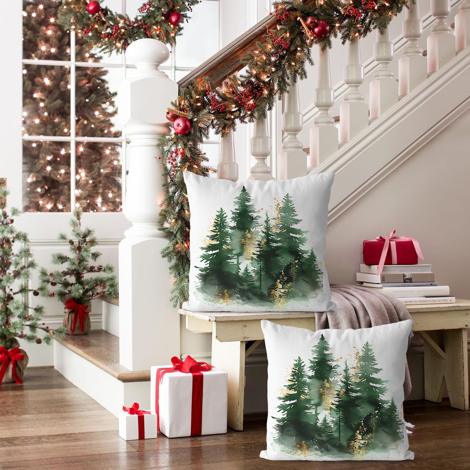 Lot De 2 Housses De Coussin Noël | Motif Sapin Vert 40x40 Cm | Décoration Fêtes En Peluche Douce