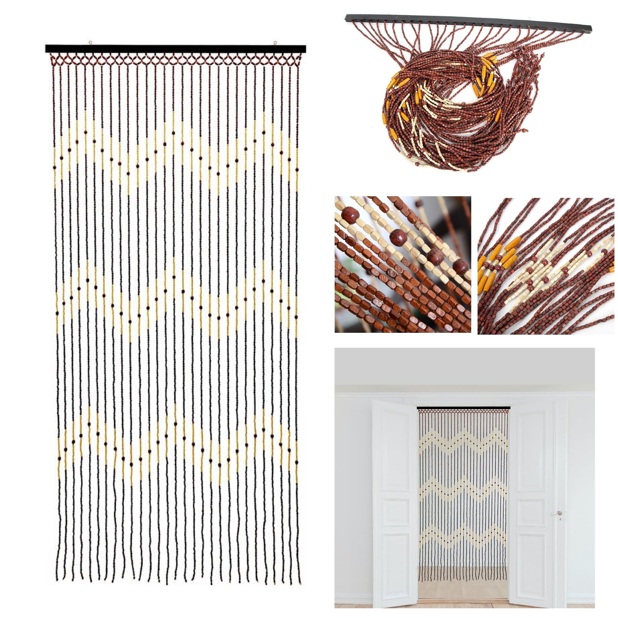 Retaaj Natural Beaded Bamboo Door Curtain Stylish Wooden Hanging Blind Screen Fly Insect Design Varies Room Divider Home Decoration 180 X 90Cm