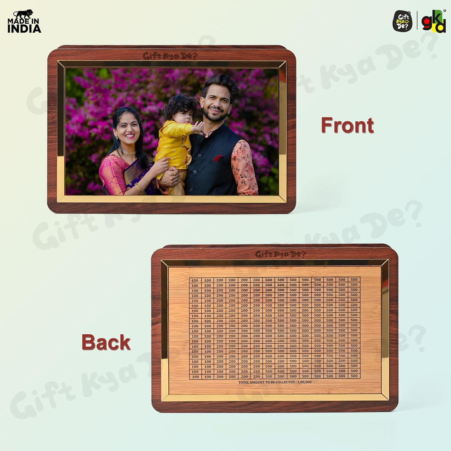 GKD Personalized Wooden Piggy Bank | Custom Photo Money Box | Savings Tracker ₹1,00,000 with ₹50, ₹100, ₹500 Marking | Handmade Coin Bank for Kids, Adults, Gift & Home Use (Regular)