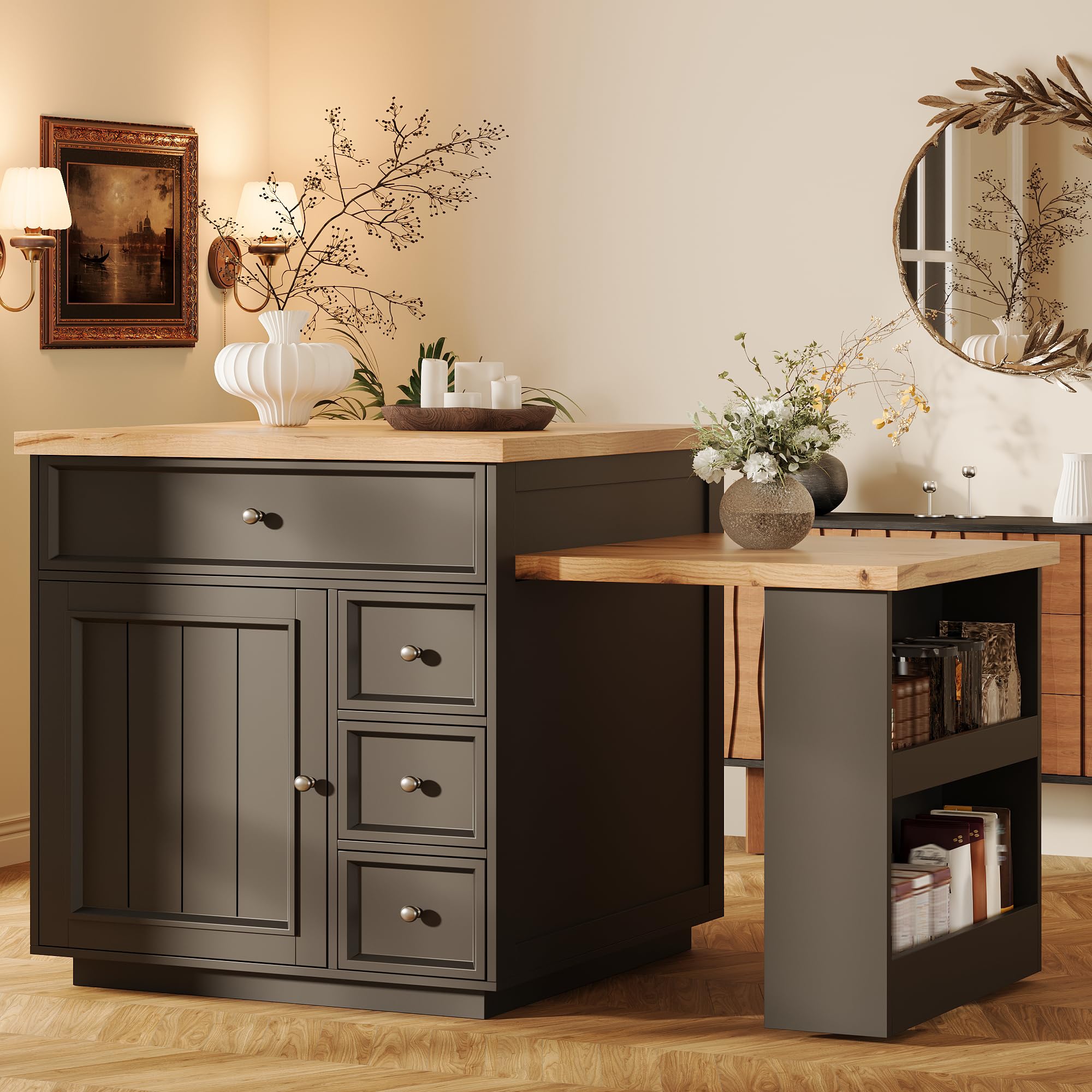 Kücheninsel mit Ausziehbarer Esstisch & Rollen, Küchenschrank Speisewagen, 120-184x70x94cm Schwarz
