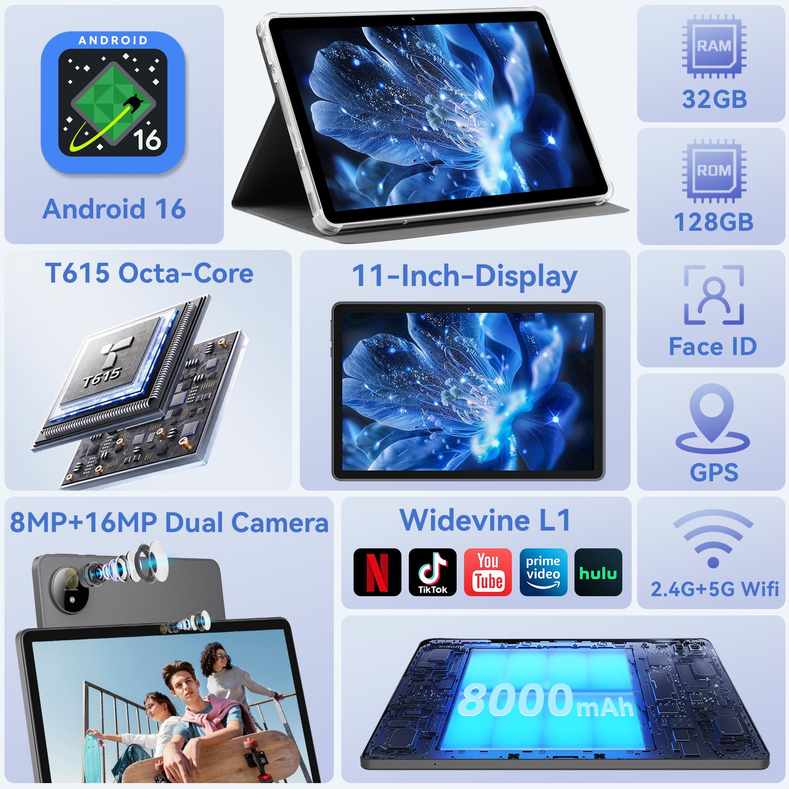Tablet 11 Pulgadas, Tableta Android 16 con Teclado, Octa-Core T615 , 32GB RAM + 128GB ROM+ 1TB TF, Pantalla HD IPS 1920x1200, Cámara Dual 8MP + 16MP, 8000 mAh, Gemini AI, Widevine L1, GPS, BT 5.0