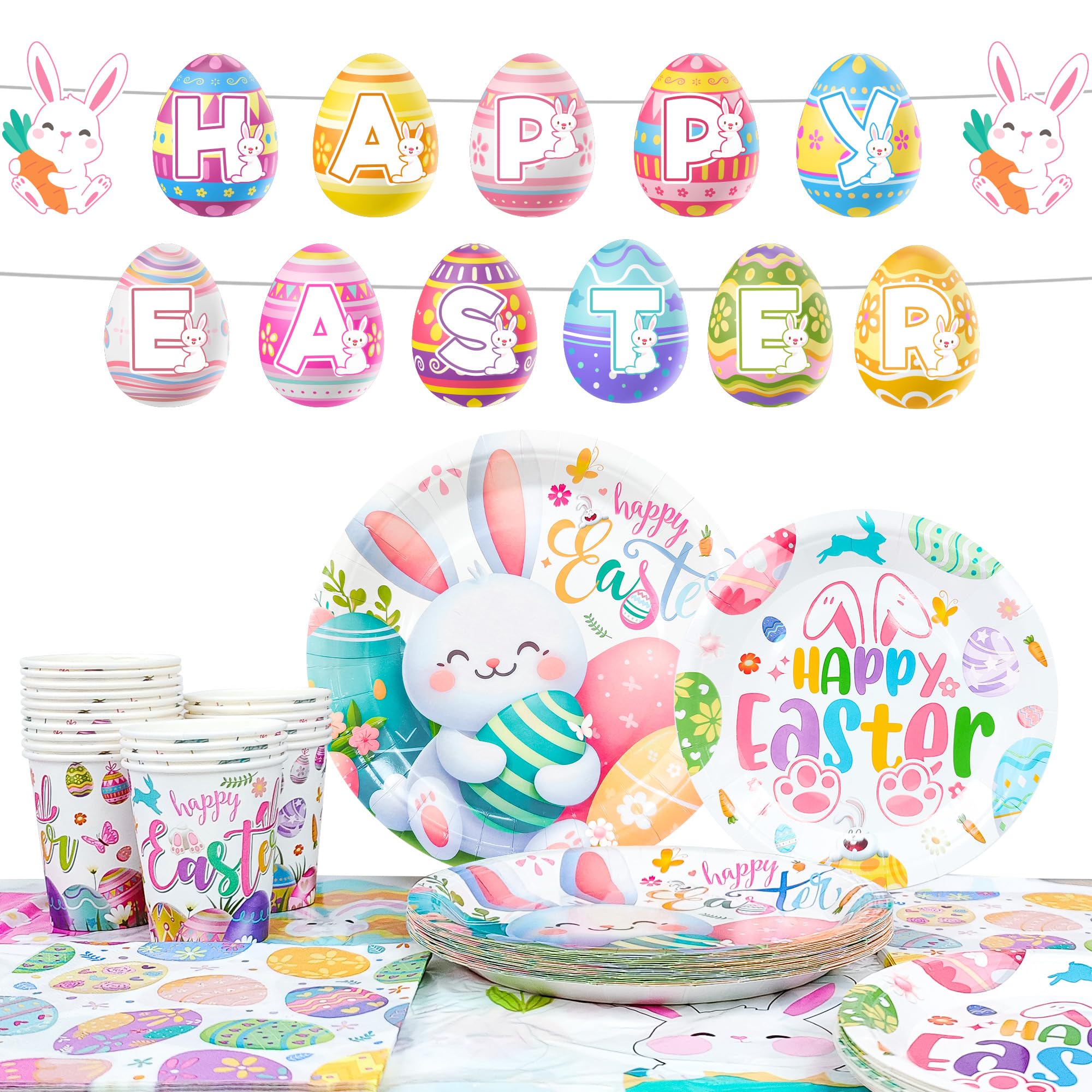 Easter Party Tableware Set For 20 Guests - Plates, Cups, Napkins, Tablecloth & Banner - Bunny Birthday Decor