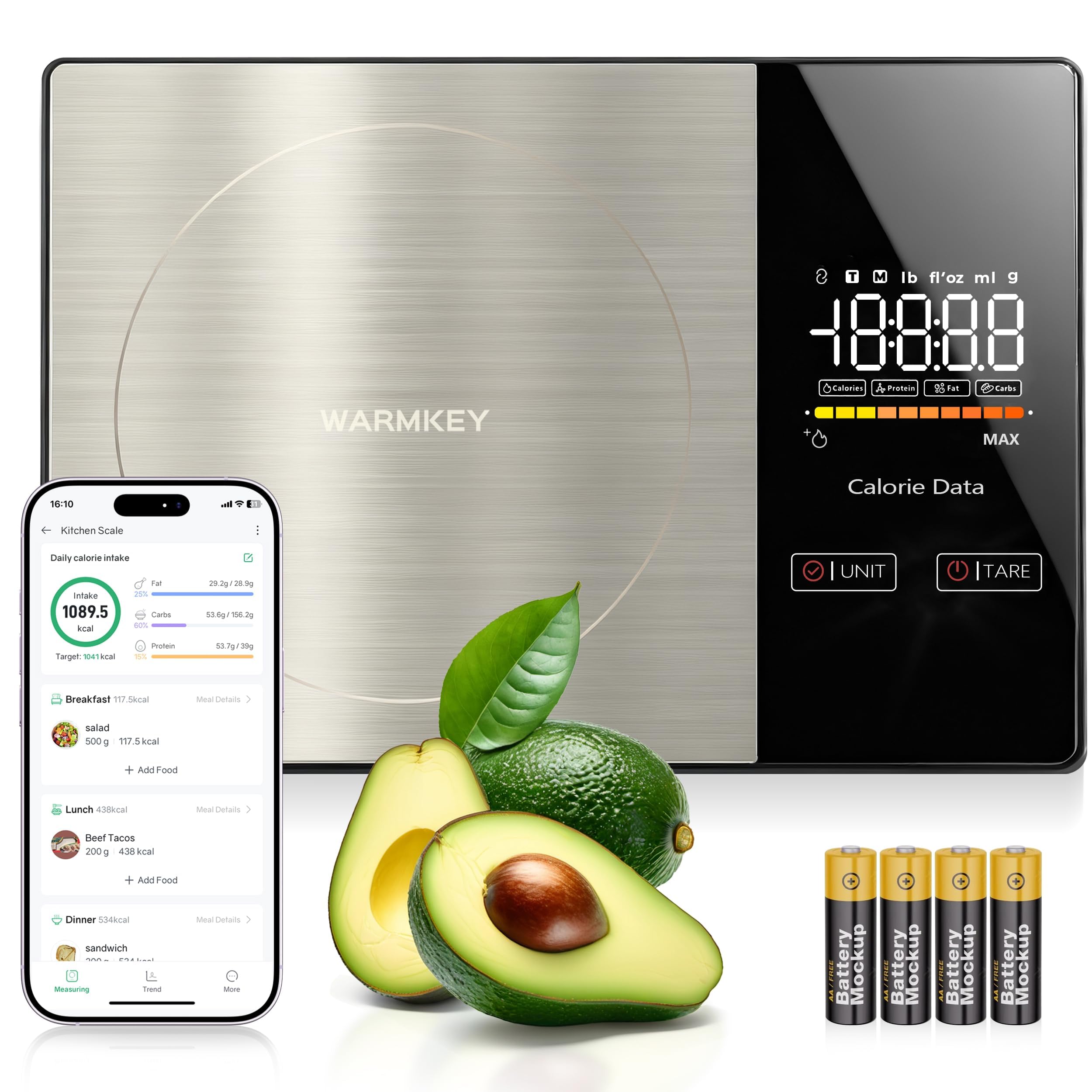WARMKEY Smart Nutrition Food Scale with App - 1g Precision Digital Kitchen Scale, Tracks Calories & 24 Nutrients, Macros, Fat & Protein for Keto, Fitness & Meal Prep, 11lb/5kg with Tare Function