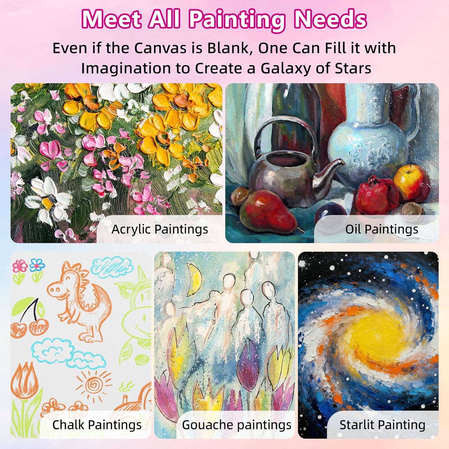 24-Pack Stretched Canvas for Painting, 6 Sizes 4"x4" to 16"x20" Canvas, 12 oz Double Primed 100% Cotton Black Canvas, Reinforced Wood Frame, Perfect for Oil, Acrylic & Mixed Media Artists