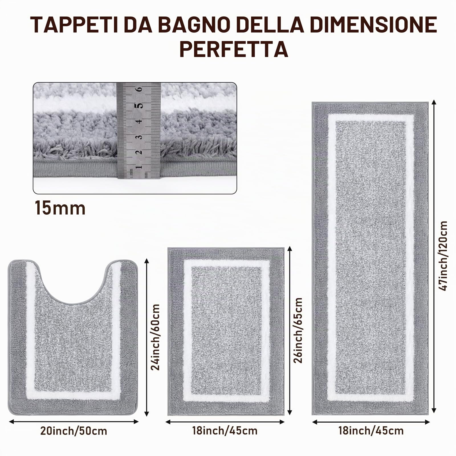 Pauwer Tappeto Bagno 3 pezzi, Morbido Tappeto Doccia Super Assorbente, Tappetino Bagno Antiscivolo, Lavabile in Lavatrice, Peloso Tappetino Doccia in Microfibra, a Forma di U, Tappetini Bagno per Wc