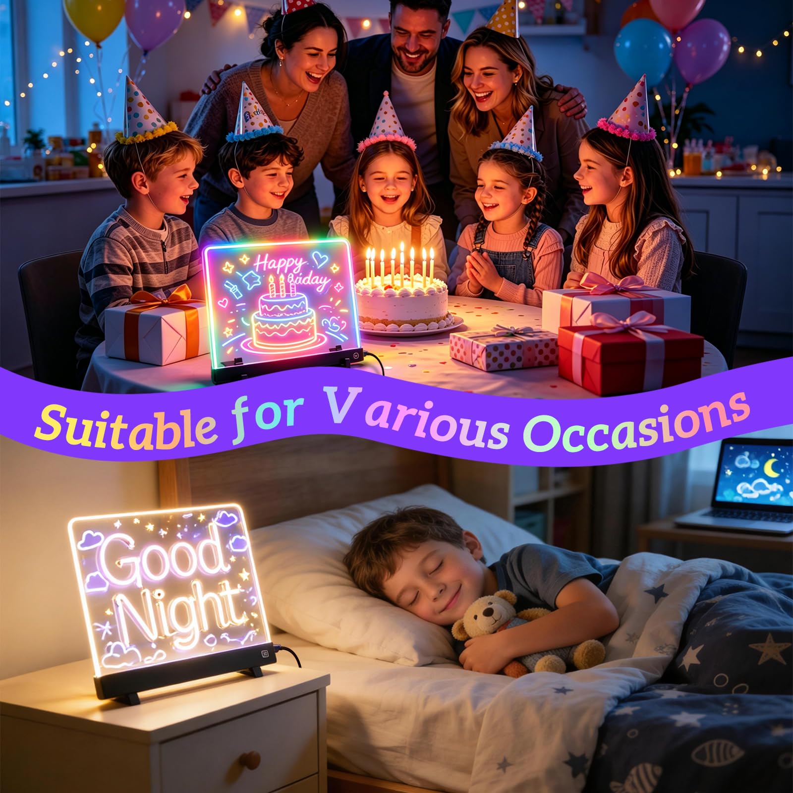LED Zeichenbrett Tafel, 30x20cm LED Maltafel, Leuchttafel mit 7 Farben & 4 Lichtmodi, Notiztafel Schreibtafel mit 7 Farbmarker, Kreatives Geschenk für Zeichnen Memo Werbetafel
