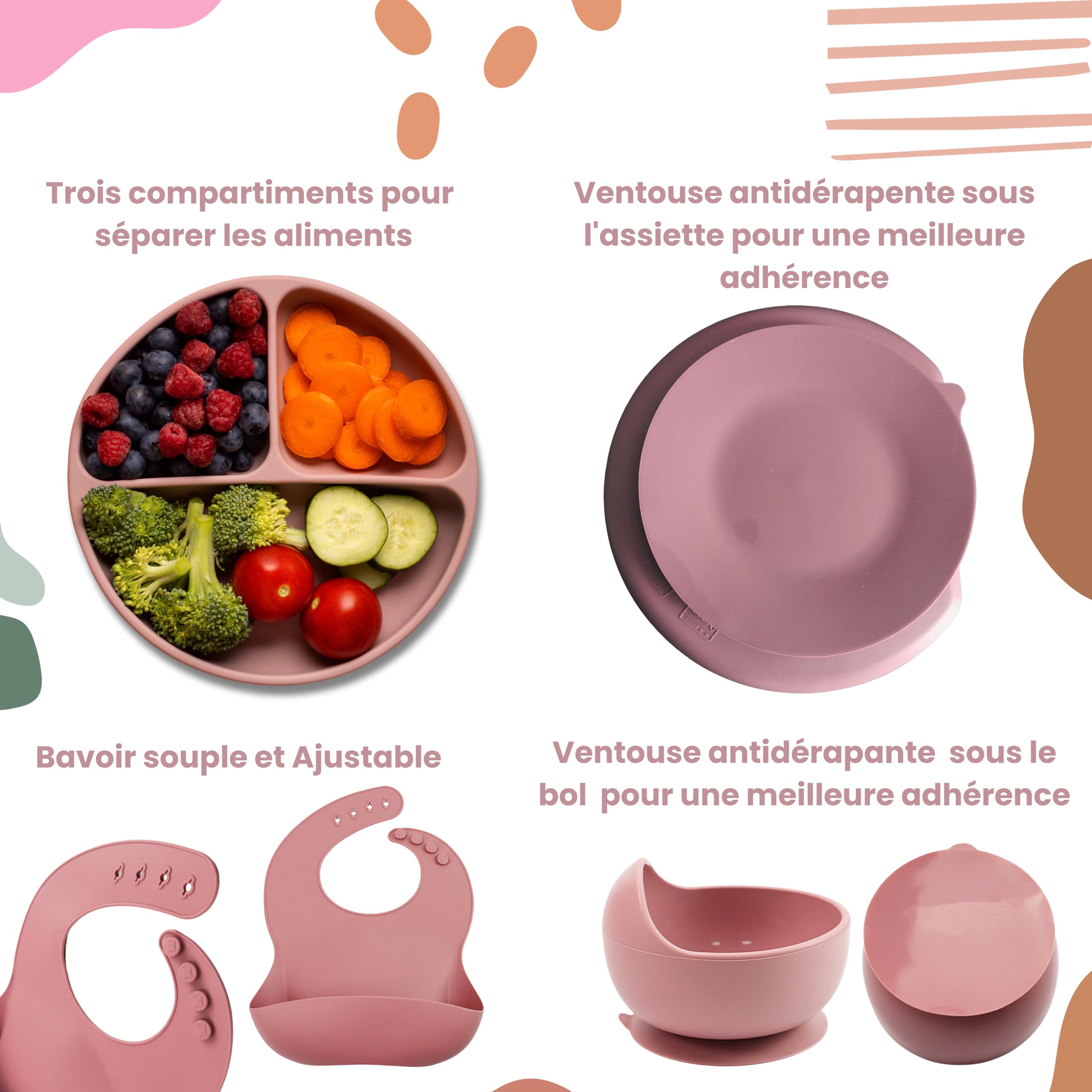 Lot De 8 Pièces Vaisselle Bébé Silicone – Kit Complet Sevrage Autonome Avec Assiette Ventouse, Bol, Tasse, Plateau, Bavoir & Couverts