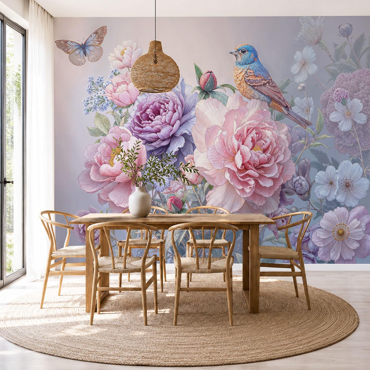 Fotomural Efecto Peonía Azulejo Mariposa 3D Papel Tapiz, Flores Exóticas Jardín Decoración De La Pared Murales, Sala De Estar Dormitorio Papel Pintado 300 × 210 cm