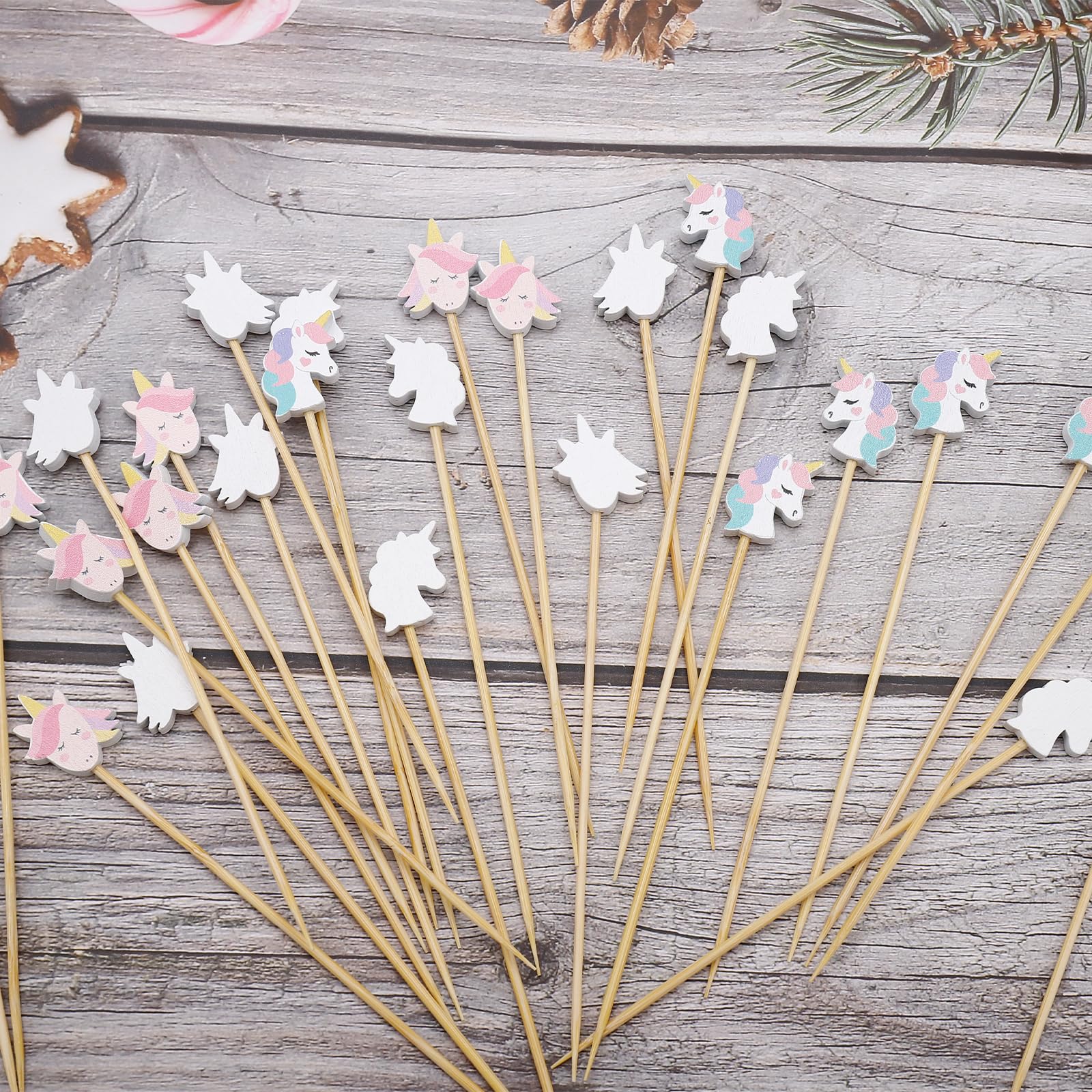 Catelves Spiedini per bambini, 100 spiedini da cocktail, stuzzicadenti, in legno, 13 cm, unicorno, spiedini di frutta per cocktail, decorazione per cupcake, spiedini estivi