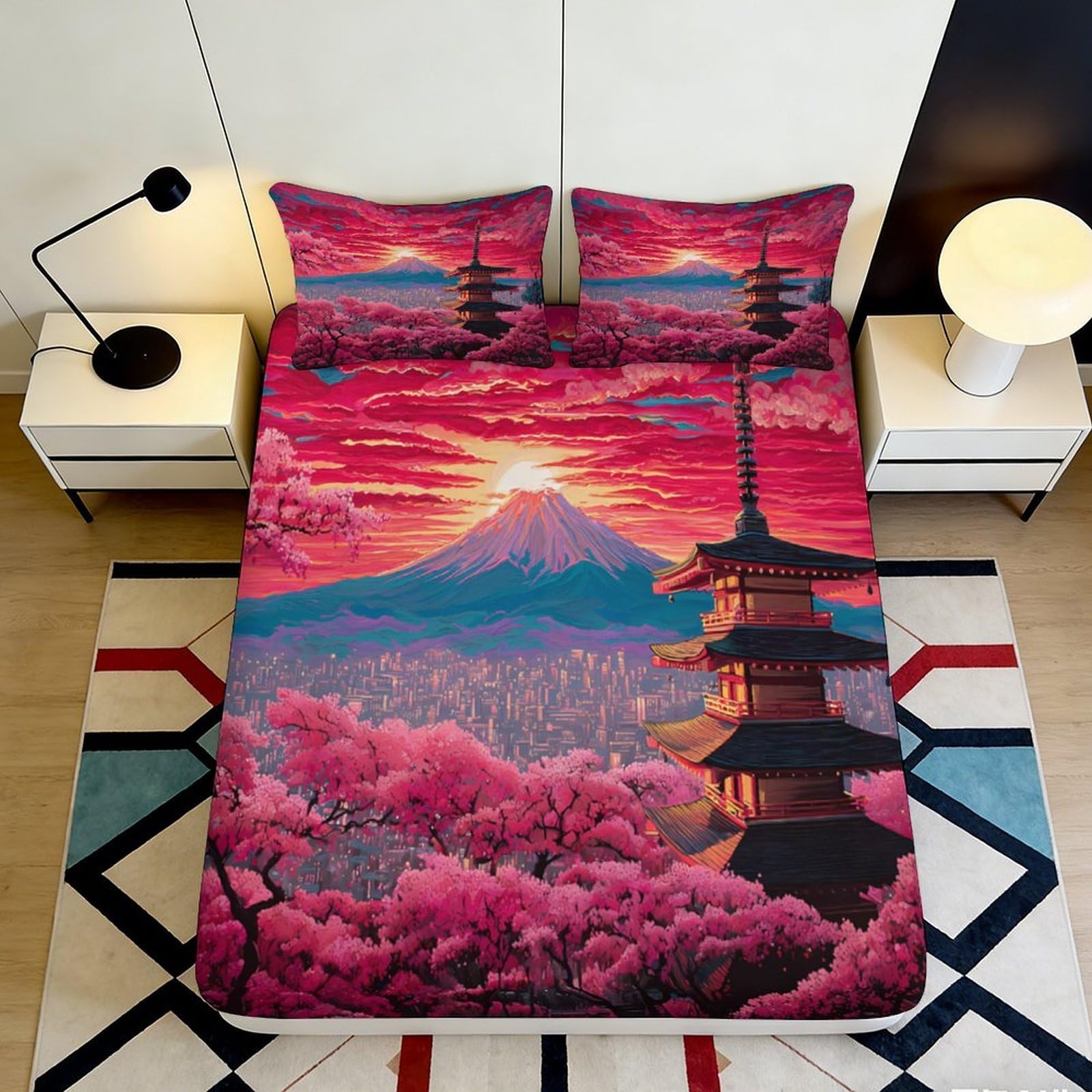 3D Printed Japanese Sakura Mountain Fitted Sheet Microfiber Deep Pocket Non-Slip Cherry Blossom Mattress Fitted Cover Bedding for Bedroom 120x200x25cm