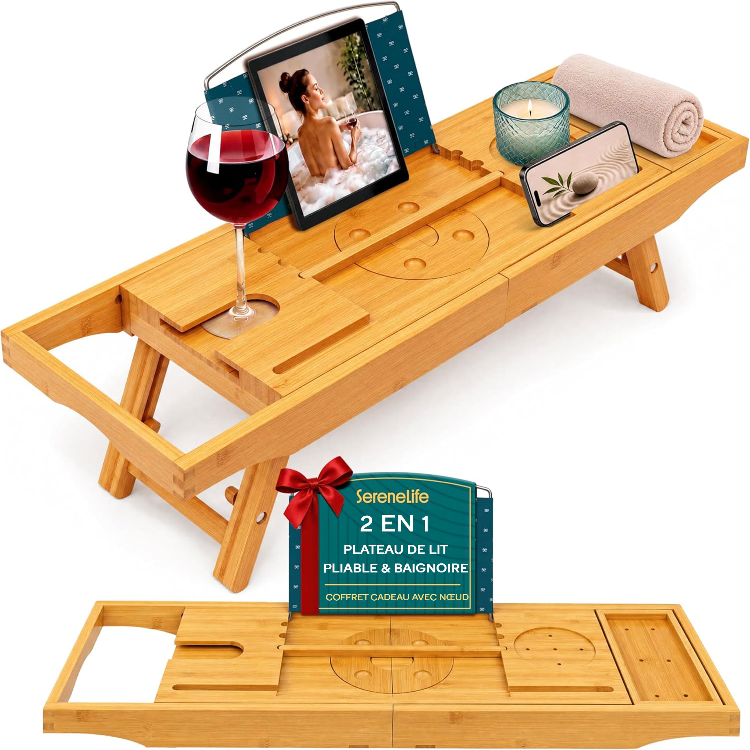 SereneLife Plateau de Baignoire en Bambou Extensible – Support de Bain Réglable avec Poignées Antidérapantes, Porte-Verre à Vin et Support pour Tablette ou Smartphone
