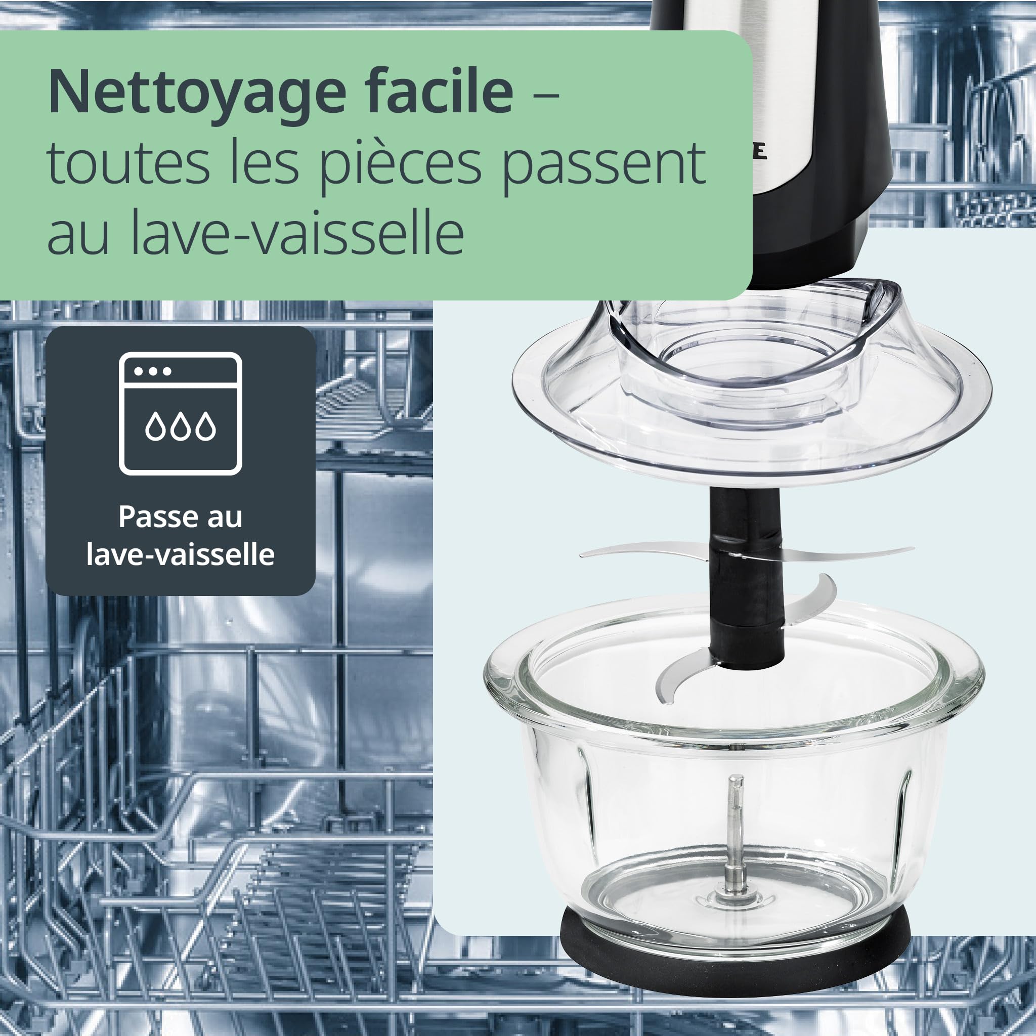ADE Hachoir électrique puissant | moteur puissant de 500 W | grand bol en verre de 1,2 l | 4 lames en acier inoxydable | 2 vitesses | oignons, légumes, viande | hachoir universel et multi-usages