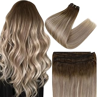 Easyouth Balayage Sew in Hair Extensions Blonde Human Hair Weft Extensions Balayage Darker Brown Fading to Ash Brown Mixed Blonde Sew in Weft Hair Extensions Real Human Hair 20Inch 100g