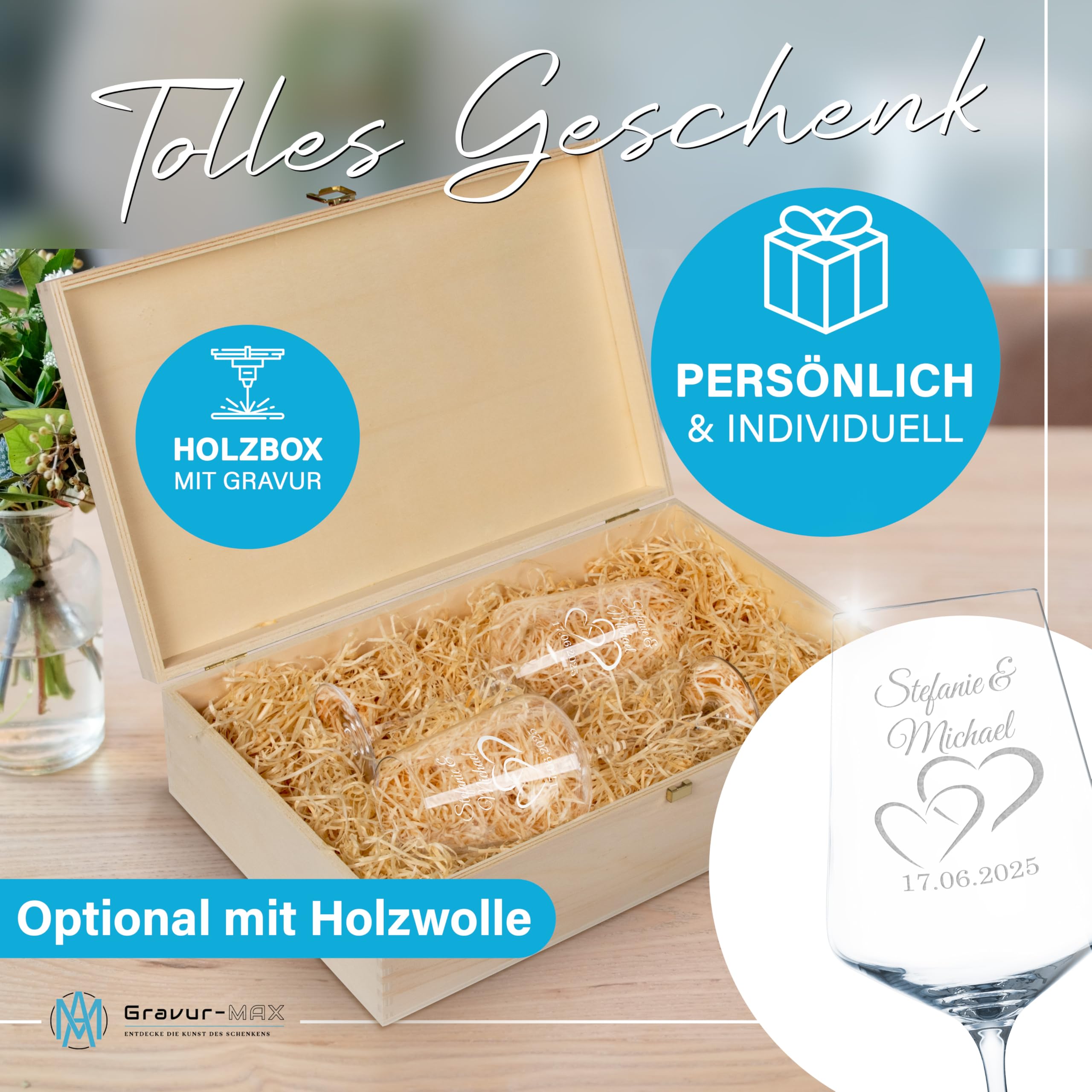 Weinglas 2er Set 560 ml „Nur die Liebe zählt“ - Herz-Glas – Leonardo Puccini Glas mit Lasergravur – personalisierte Weingläser mit Namen & Datum in Holzbox – Geschenk für Paare