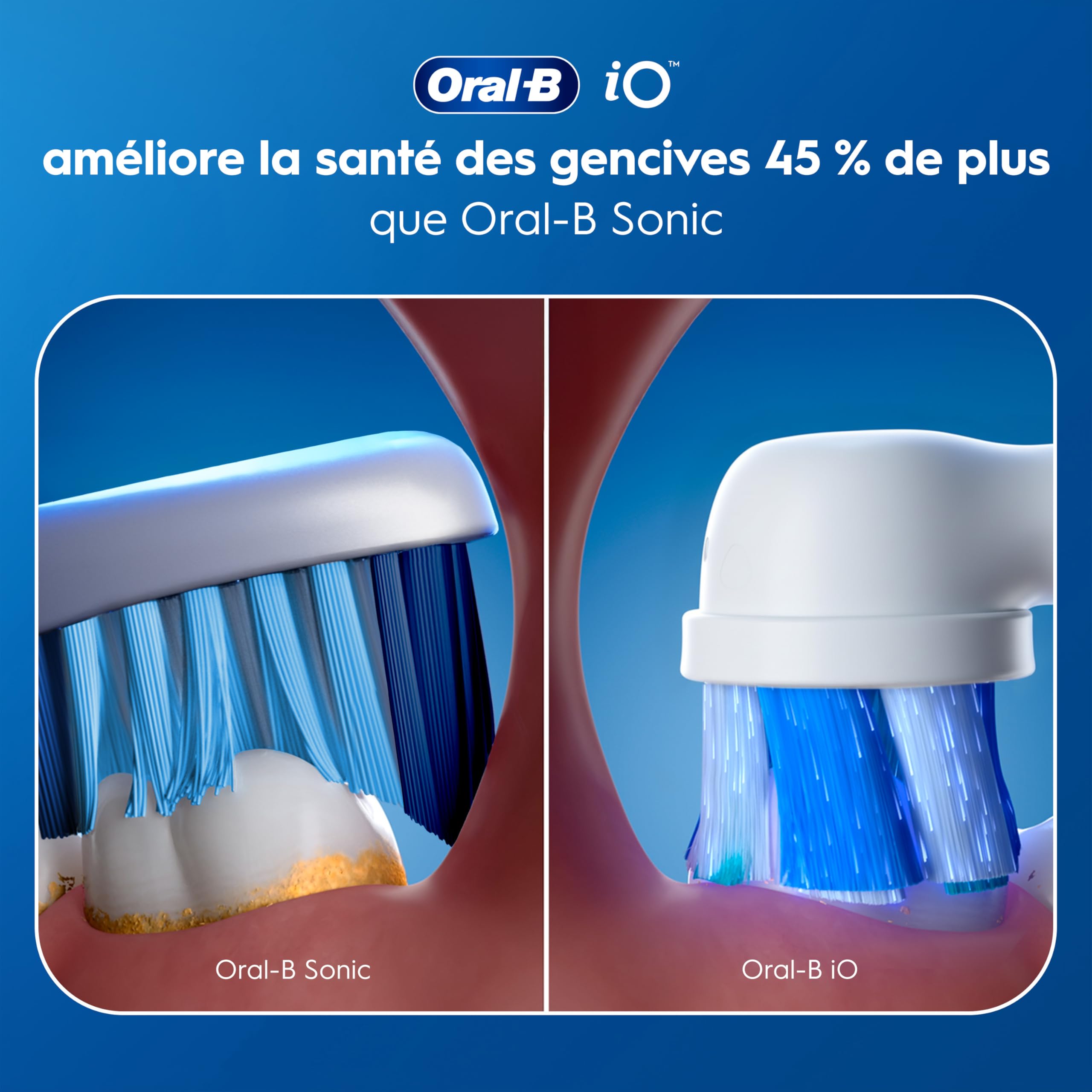 Oral-B Brosse à Dents Electrique iO 3 avec 3 Brossettes de Rechange, Bleue – 3 Modes de Brossage Silencieux dont Douceur et Blancheur, Capteur de Pression sur les Gencives, Batterie Rechargeable