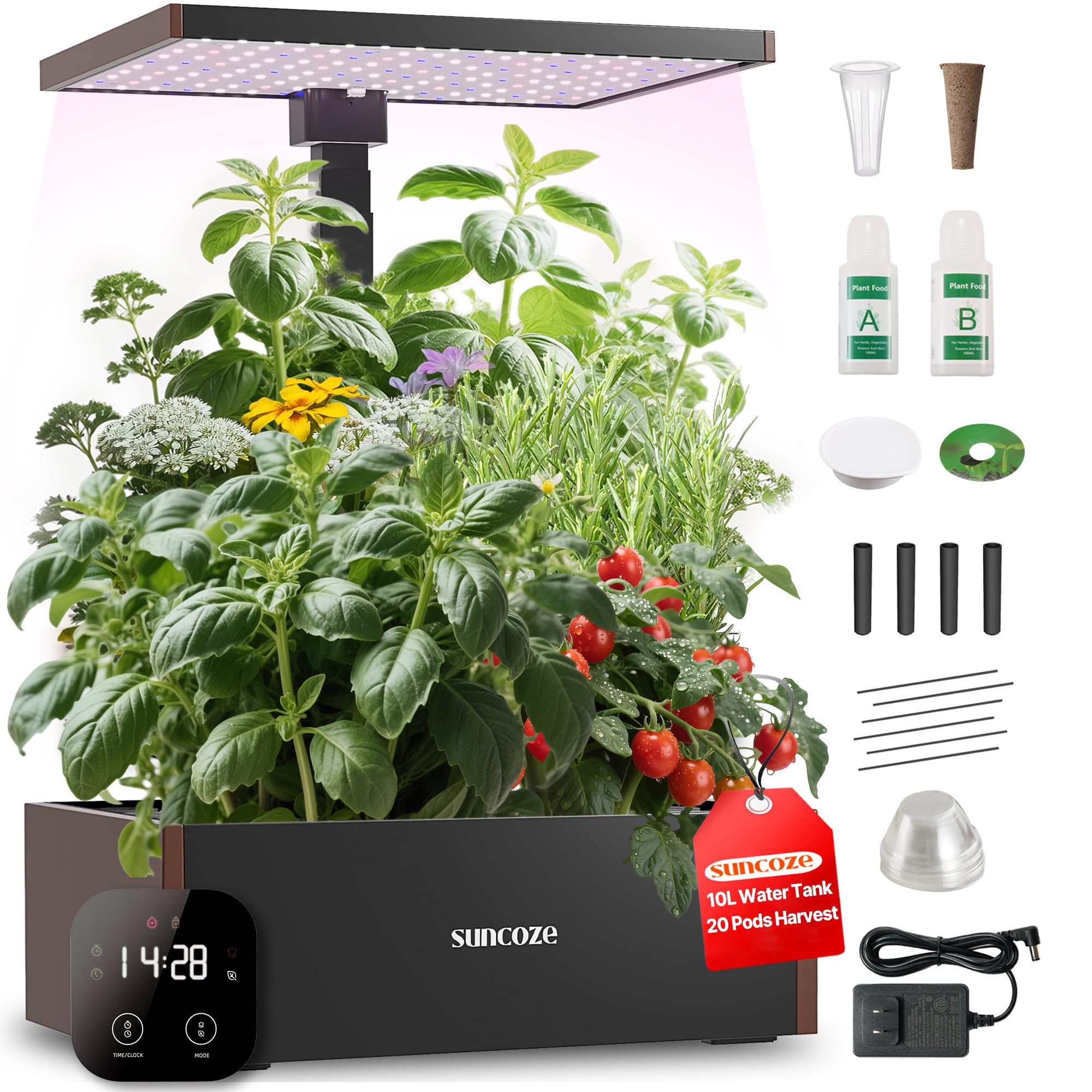 SUNCOZE 20 Pods Hydroponics Growing System Kit, Indoor Herb Garden with 30W LED Grow Light, 10L Large Water Tank, Up to 25" Height, Plants Germination Kit with Quiet Pump, Black