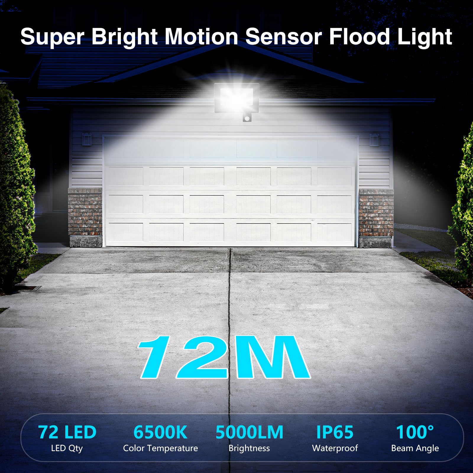 Realky 50W Fari Led da Esterno con Sensore di Movimento, IP65 Impermeabile Faretto Led Esterno 5000LM, 72 LED 6500K Bianca Fredda - Fari Led Interna ed Esterna per Giardino Cortile Garage