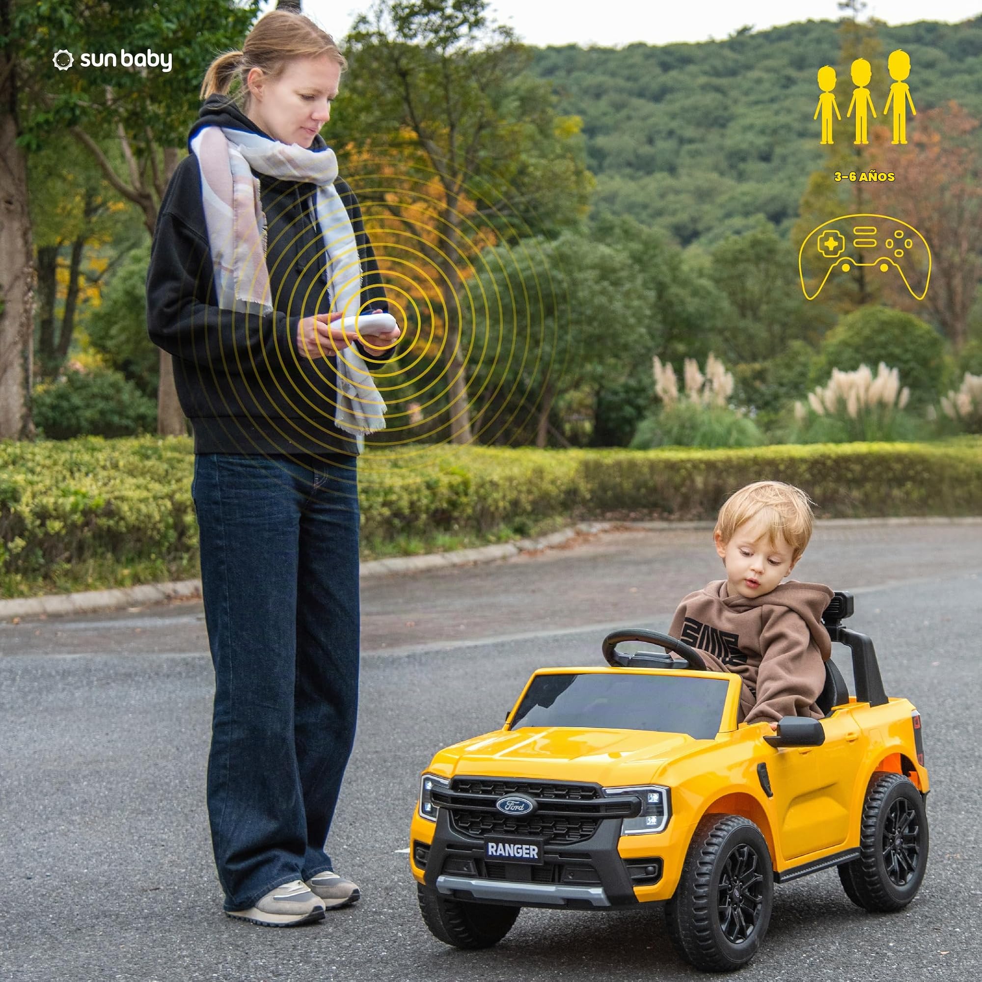 Coche eléctrico para niños Ford de 3 a 6 años, Potencia Motor 30W, Mando a Distancia, suspensión, Faros, Lector MP3 (Amarillo)
