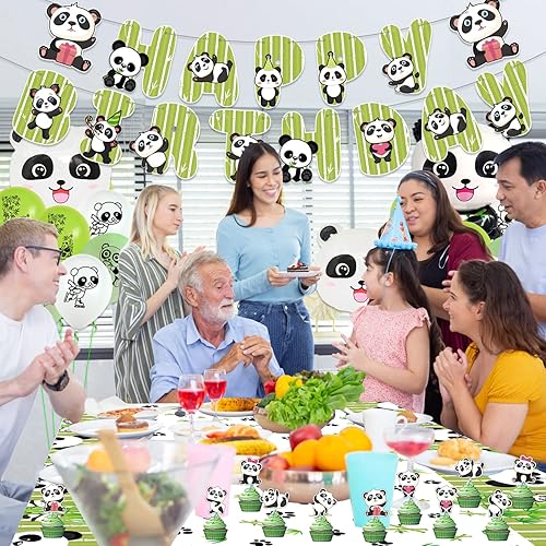 Miniatura 6 de Decoraciones de fiesta de pandas, incluye pancarta de feliz cumpleaños de panda, globos de panda, mantel, decoración de cupcakes, suministros de