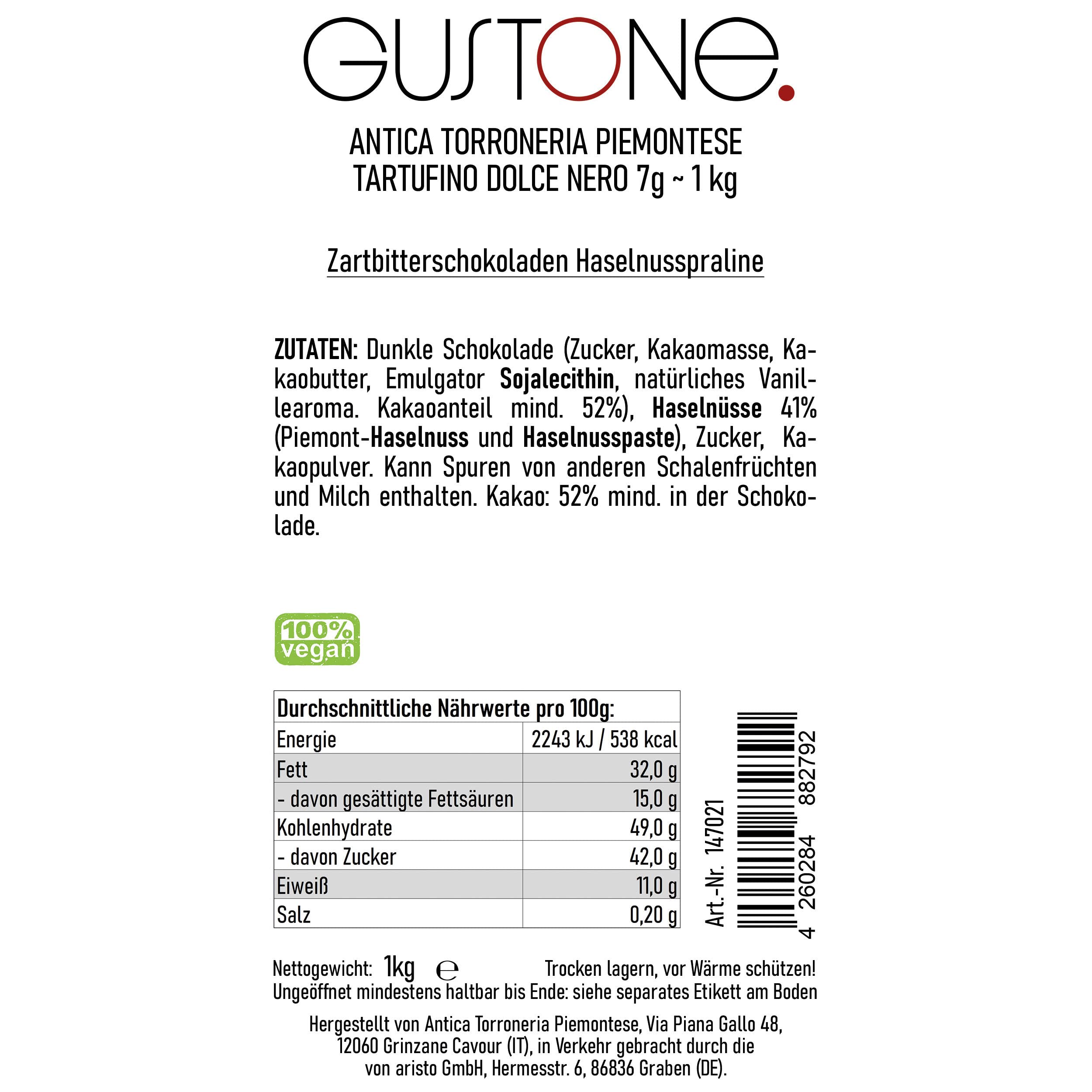 GUSTONE. Tartufini Dolci Nero Antica Torroneria Piemontese 140 Stück 1kg | glutenfrei, Zartbitterschokolade Piemont Haselnüssen, Schokoladentrüffel, ausgedehnte Reifezeit für volles Aroma, 41% Kakao