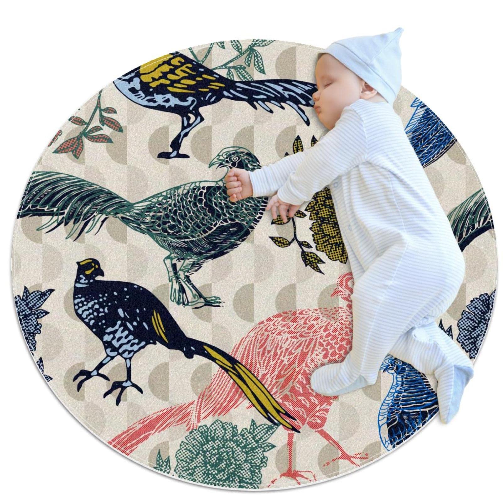 Tapis de salle de bain vintage oiseaux et fleurs rond 1m de diamètre antidérapant
