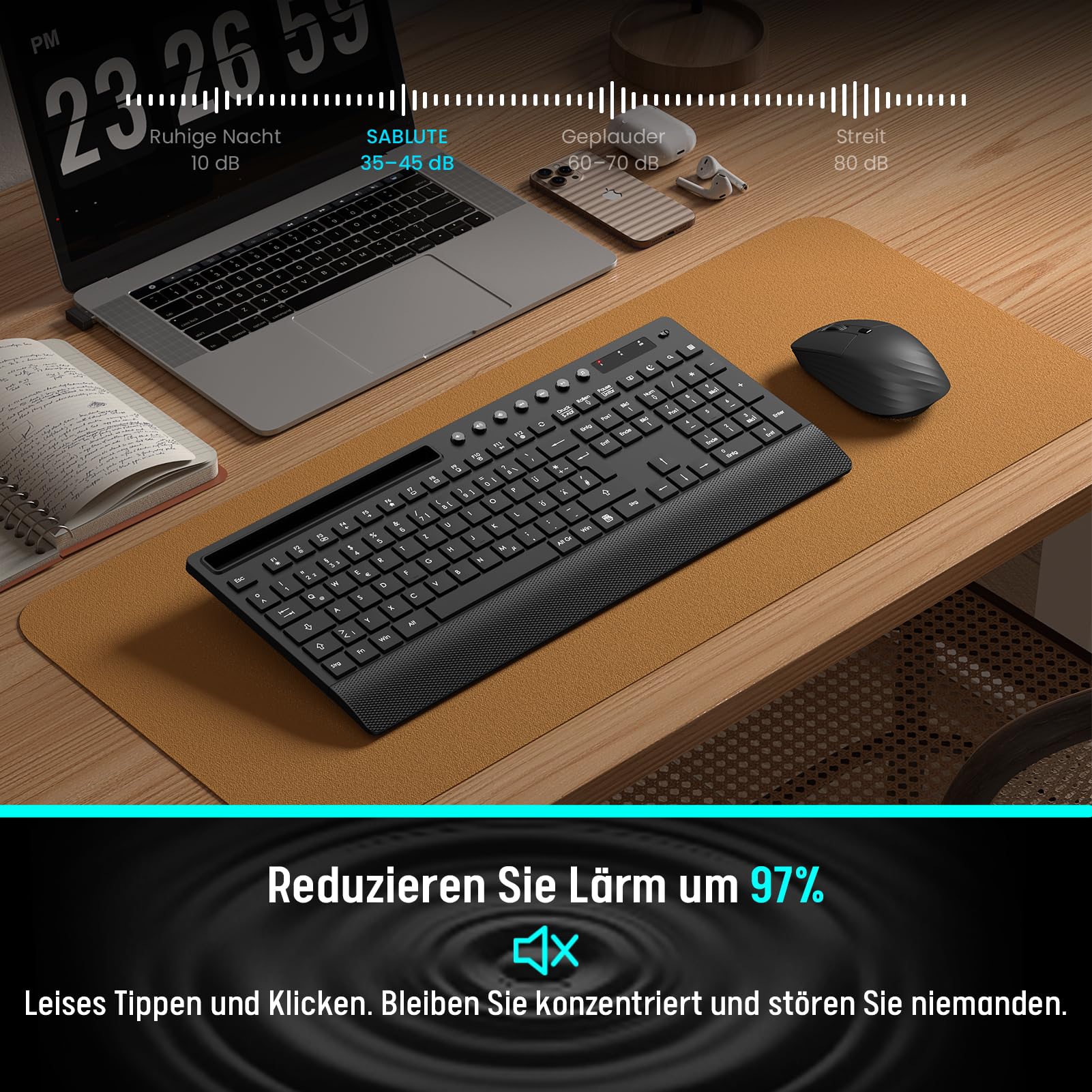 SABLUTE Ensemble clavier et souris sans fil, repose-poignet et support de
