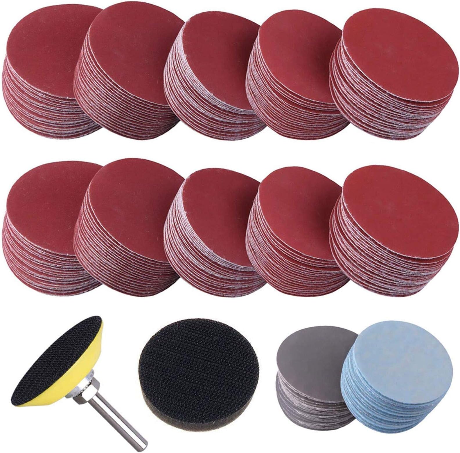300 Pcs 2 Inch Sanding Discs Pads Hook and Loop 80 180 240 320 400 600 800 1000 2000 3000 Grit Sandpaper Sheet with 1/4 Inch Shank Backing Pad and Soft Foam Buffering Pad