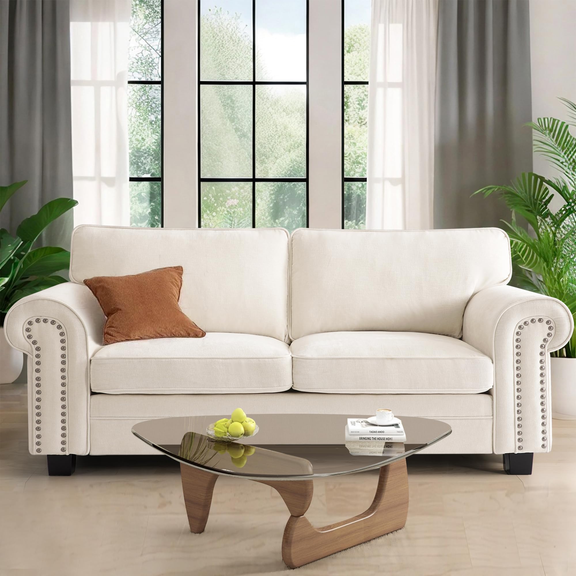 71" Mid-Century Loveseat Sofa Small Chenille Couch, Vintage 2 seater couch w/Brass Studs, Easy-to-assemble modern sofa for Living Room Bedroom Office Apartment Removable Medium Firm Sofa Cushion,Beige