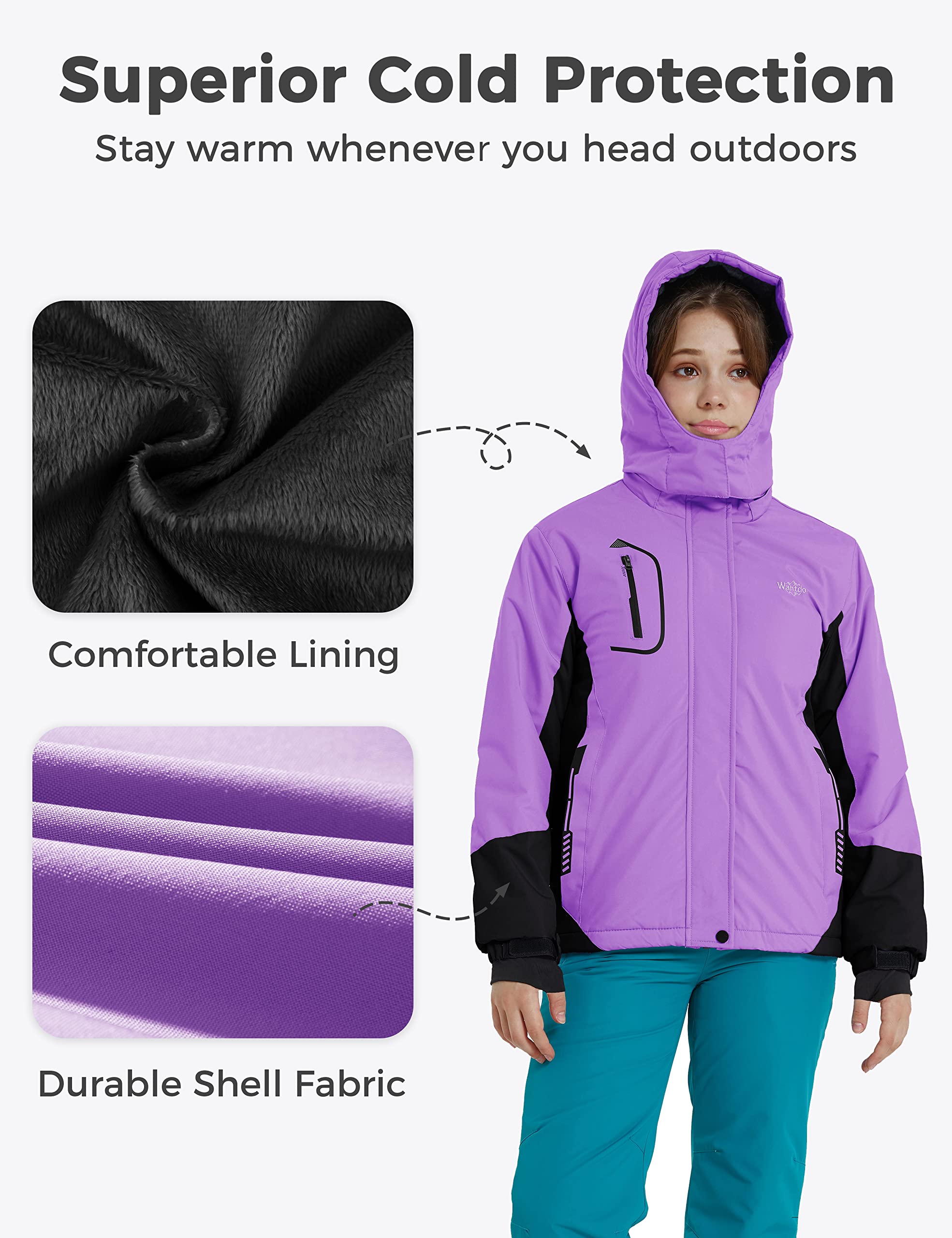 Wantdo Chaquetas de Esquí Impermeable Montaña Abrigo Snowboard para Exteriores Parka de Nieve con Capucha Chaqueta Aislada con Vellón Cálida Invierno para Niñas