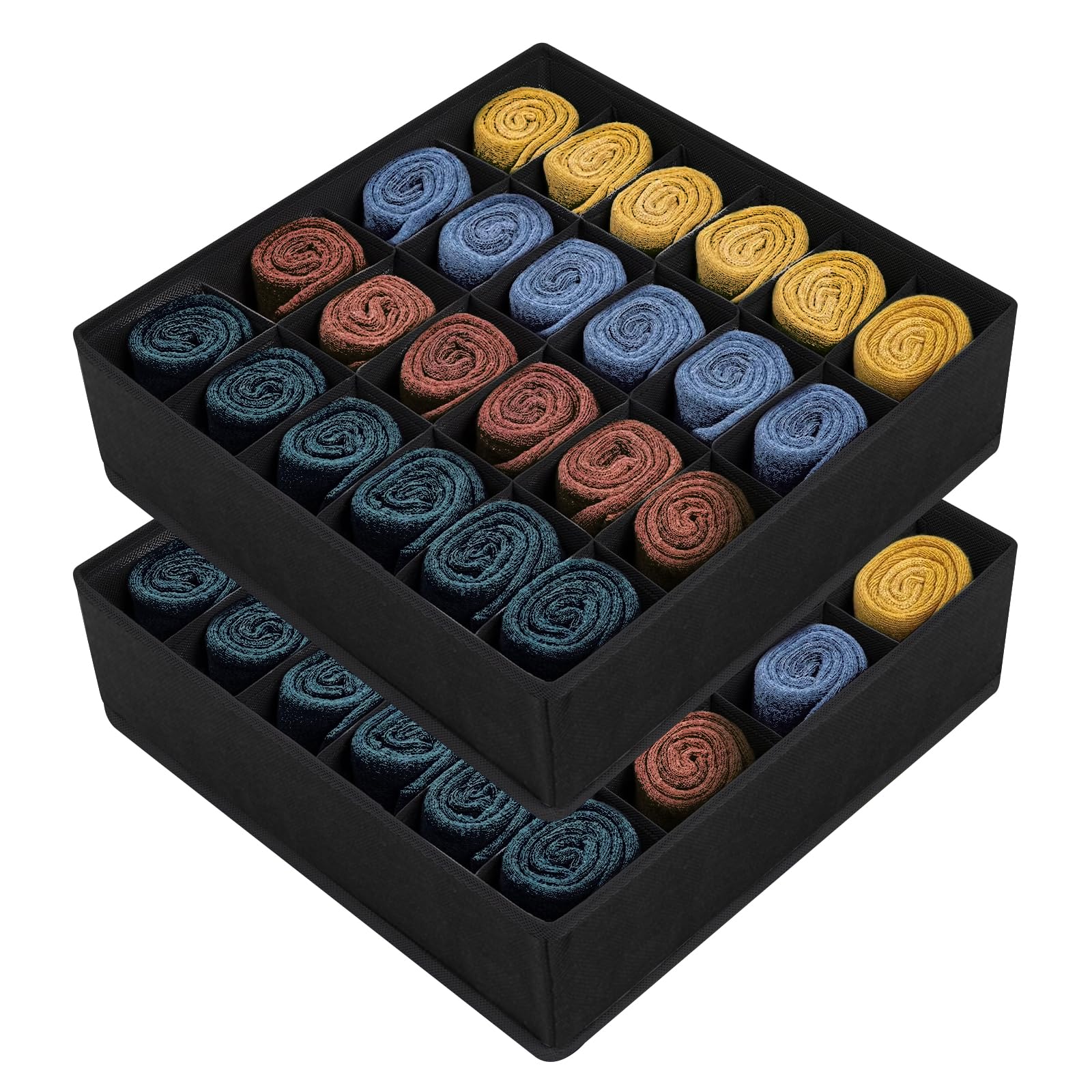 WOODFIB 2 Pack Drawer Organisers, 24 Cells Sock Foldable Wardrobe Draw Organizer, Closet Organisers Storage Box for Socks, Ties, Underwear (Black)