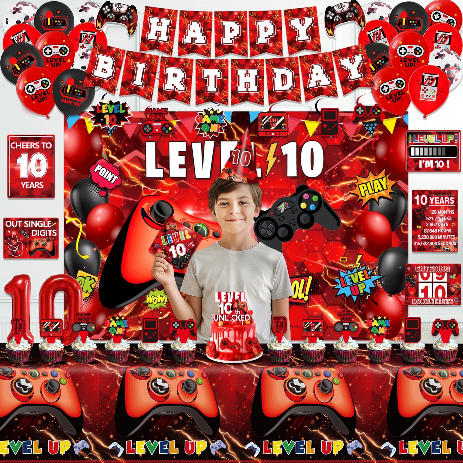 Level 10 Birthday Decorations, Red Video Game Gamer 10th Boy Bday Party Decor Decorations Supplies for 10th Boys - Backdrop, Banner, Balloons, Tablecloth, Hanging Swirls, Wall Signs, Hat