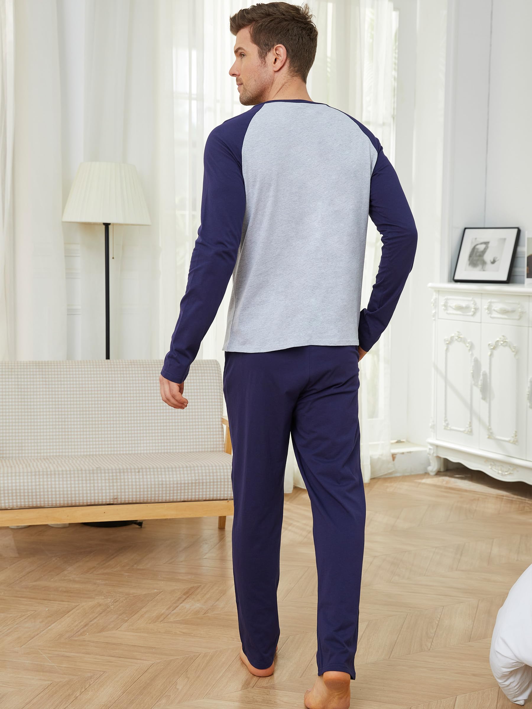 Pigiama Uomo Cotone Leggero Pigiama Uomo Cotone Lungo Colori Contrastanti Girocollo a Maniche Lunghe e Pantaloni Due Pezzi Leggero Morbido